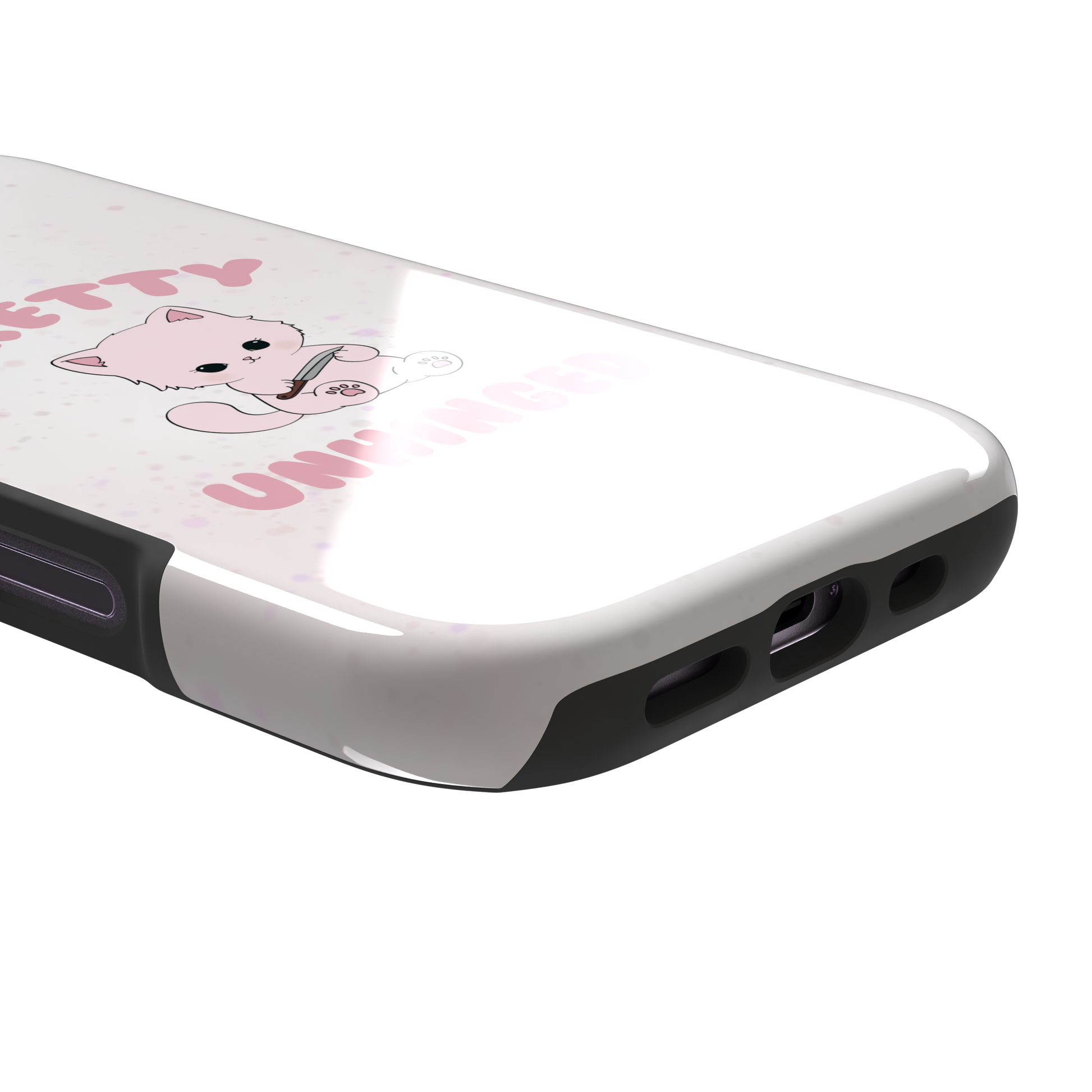 White variant of the Pretty Unhinged phone case showing the same pink kawaii kitten with knife and bold pink text on a soft speckled white background, phone case by Caselier — tough case, charging port detail