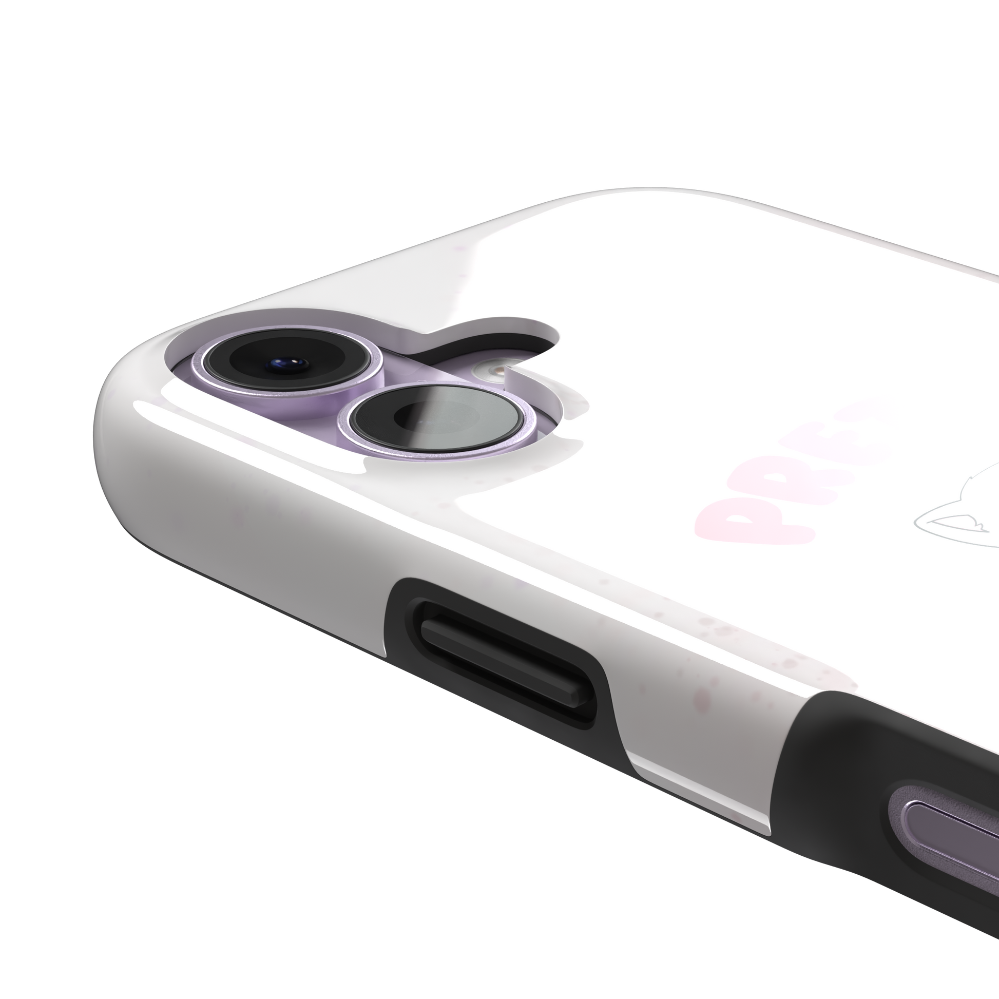 White variant of the Pretty Unhinged phone case showing the same pink kawaii kitten with knife and bold pink text on a soft speckled white background, phone case by Caselier — tough case, volume buttons detail