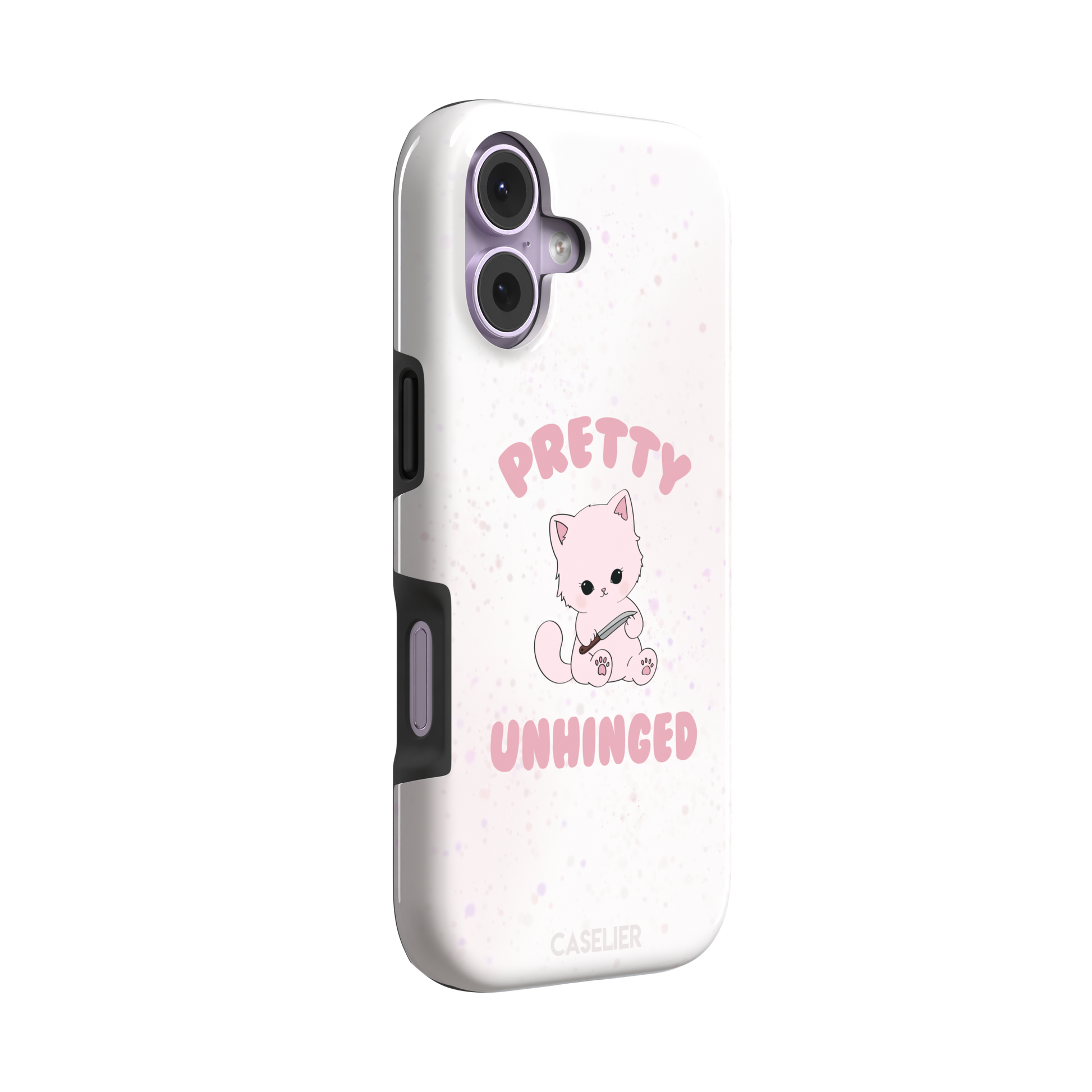 White variant of the Pretty Unhinged phone case showing the same pink kawaii kitten with knife and bold pink text on a soft speckled white background, phone case by Caselier — tough case, left view