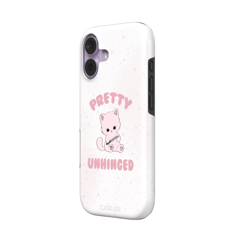 White variant of the Pretty Unhinged phone case showing the same pink kawaii kitten with knife and bold pink text on a soft speckled white background, phone case by Caselier — tough case, right view