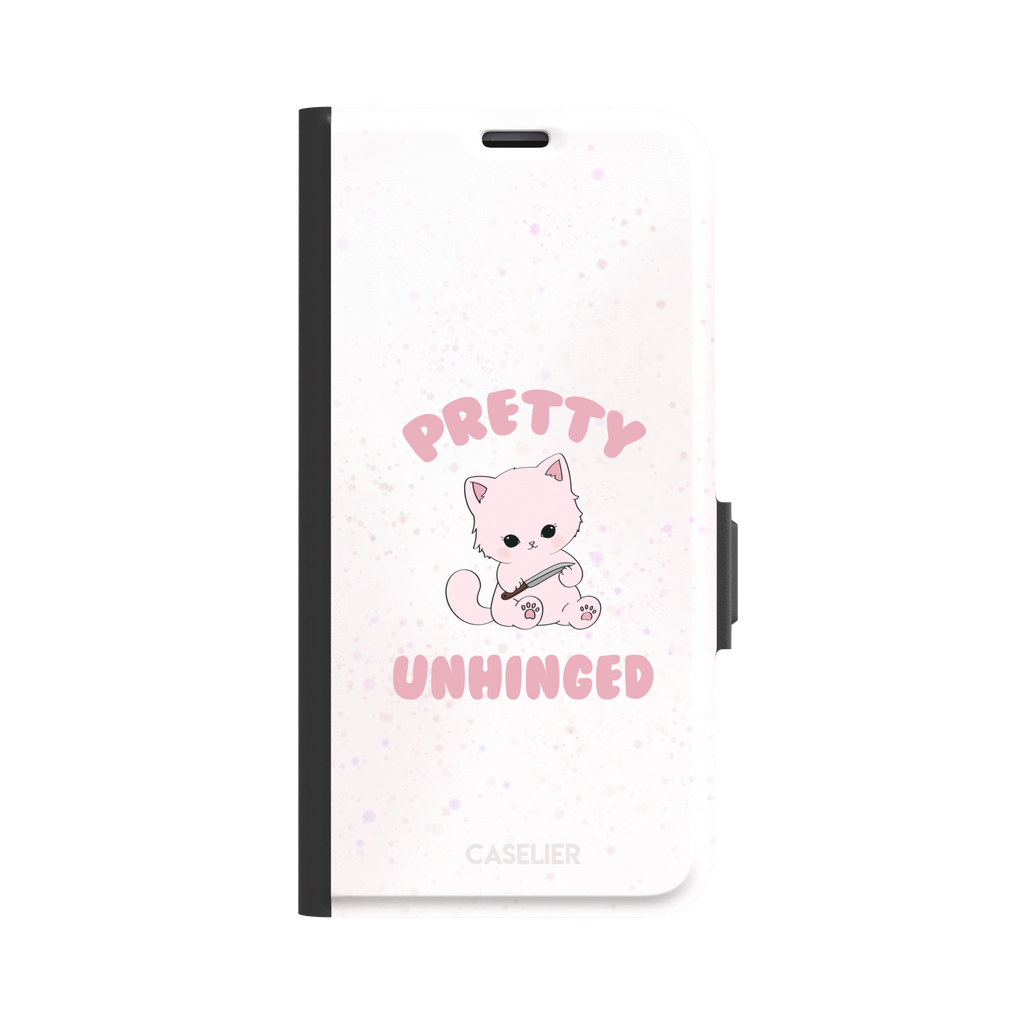 White variant of the Pretty Unhinged phone case showing the same pink kawaii kitten with knife and bold pink text on a soft speckled white background, phone case by Caselier — wallet case, front view