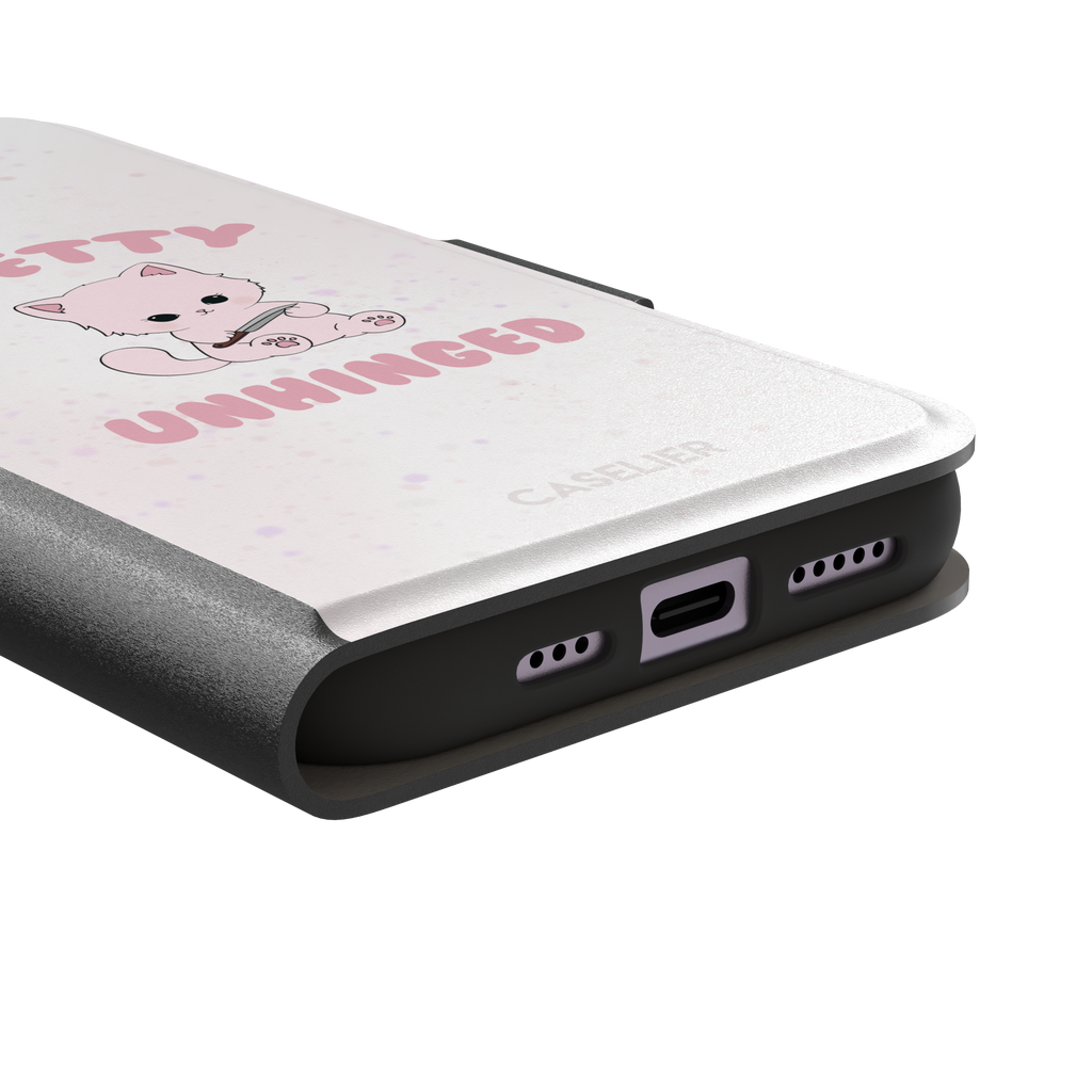 White variant of the Pretty Unhinged phone case showing the same pink kawaii kitten with knife and bold pink text on a soft speckled white background, phone case by Caselier — wallet case, charging port detail