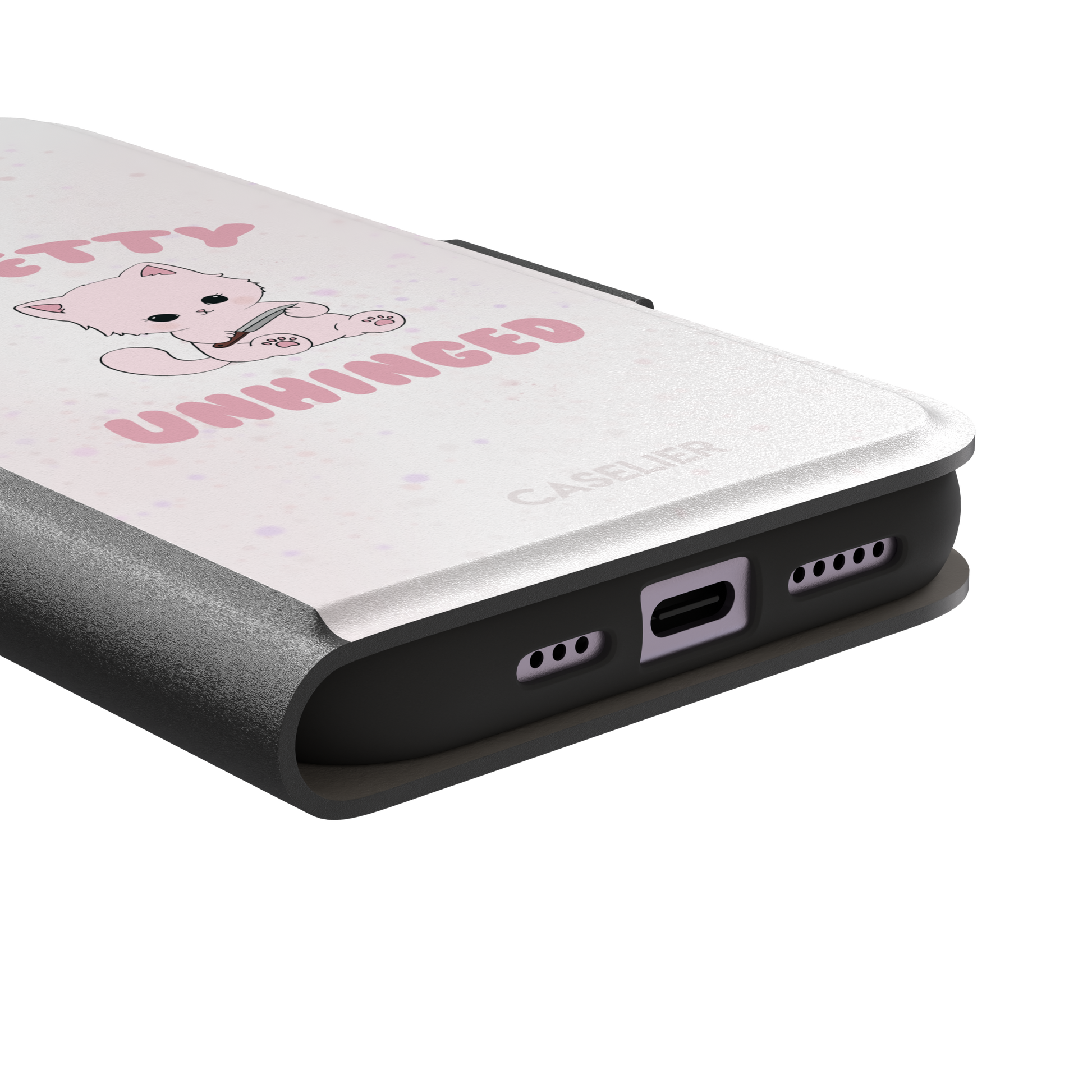 White variant of the Pretty Unhinged phone case showing the same pink kawaii kitten with knife and bold pink text on a soft speckled white background, phone case by Caselier — wallet case, charging port detail