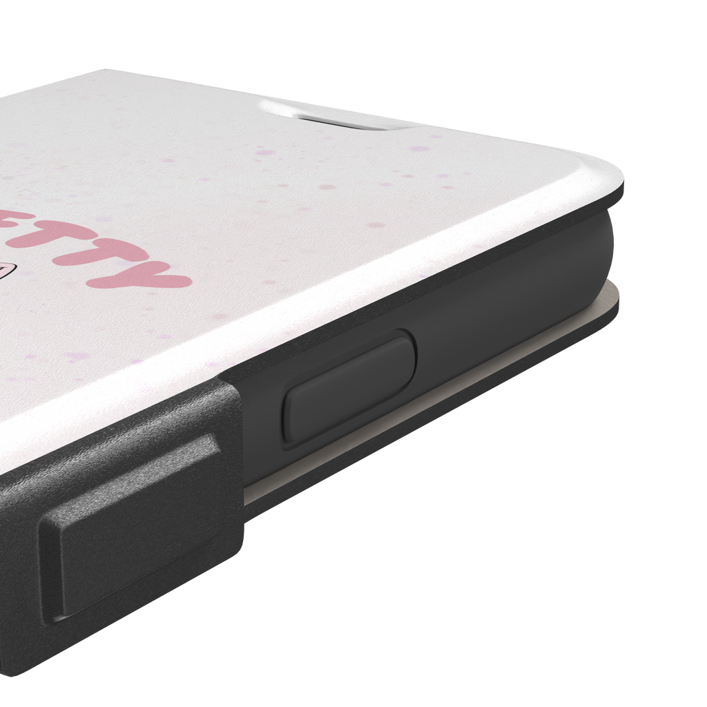 White variant of the Pretty Unhinged phone case showing the same pink kawaii kitten with knife and bold pink text on a soft speckled white background, phone case by Caselier — wallet case, volume buttons detail