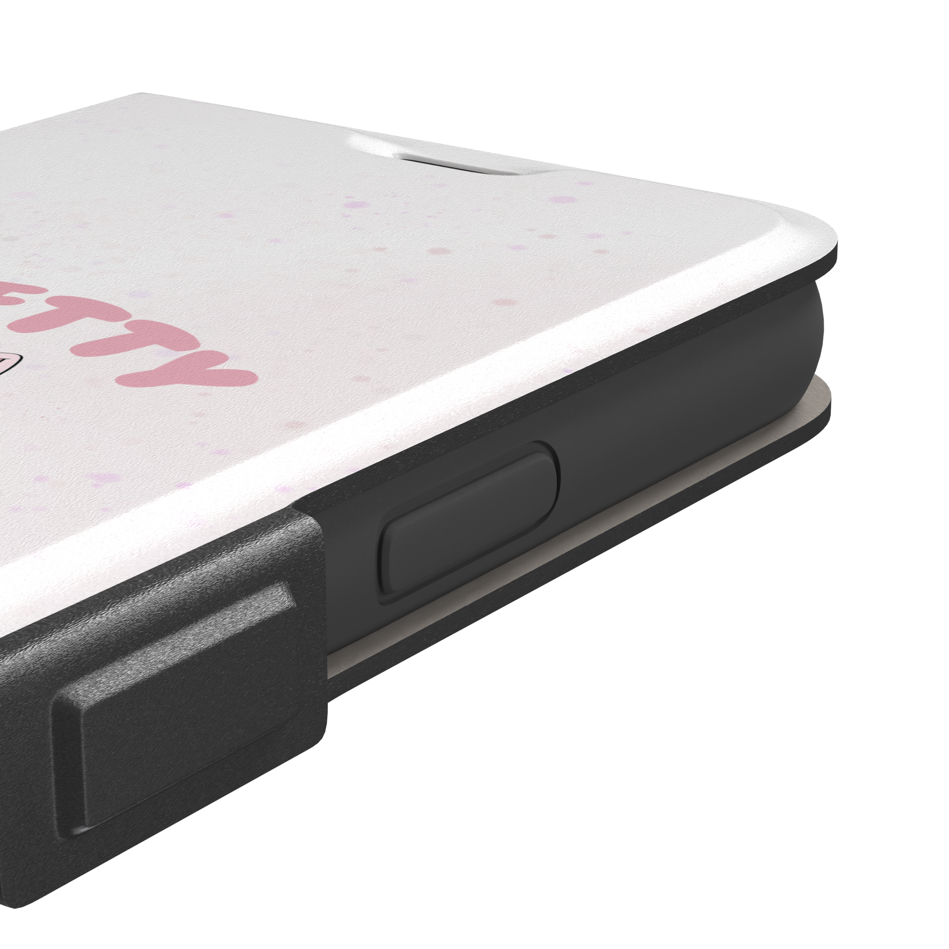 White variant of the Pretty Unhinged phone case showing the same pink kawaii kitten with knife and bold pink text on a soft speckled white background, phone case by Caselier — wallet case, volume buttons detail
