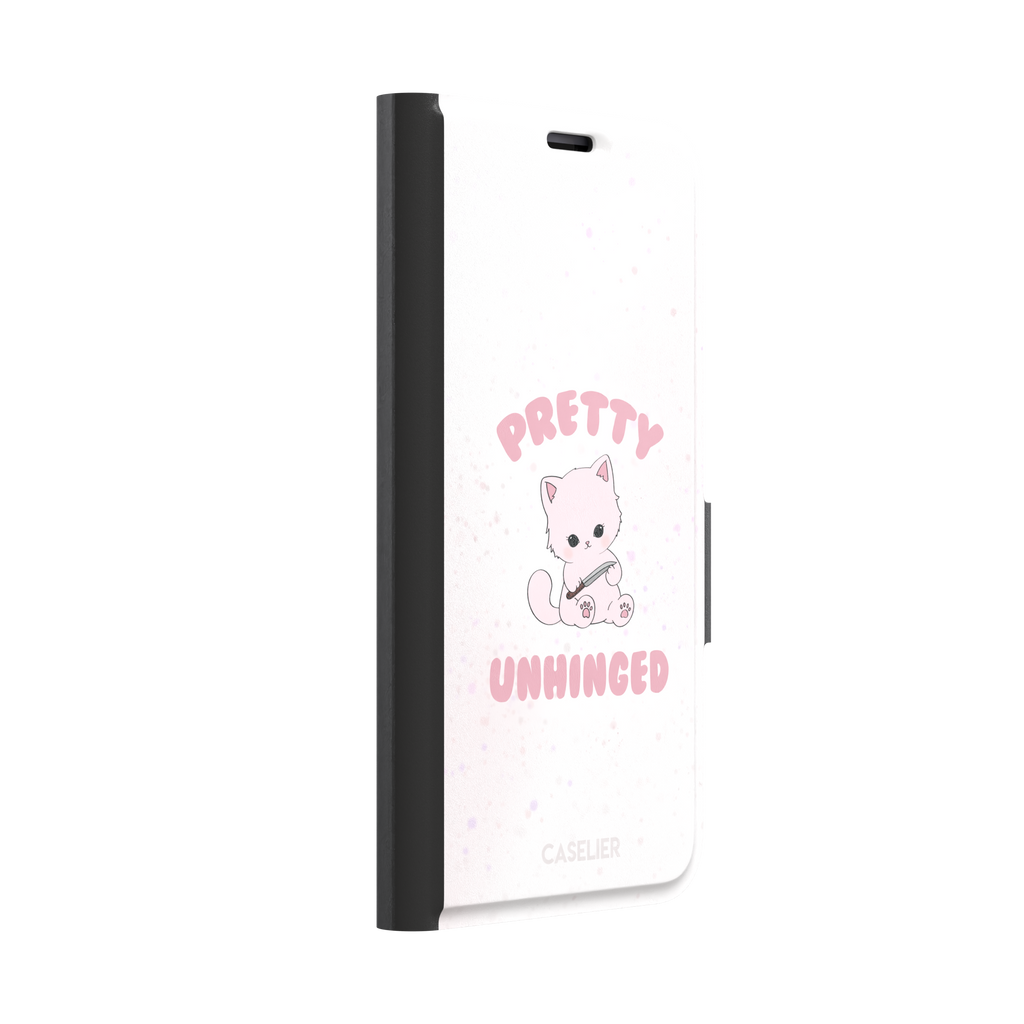 White variant of the Pretty Unhinged phone case showing the same pink kawaii kitten with knife and bold pink text on a soft speckled white background, phone case by Caselier — wallet case, left view