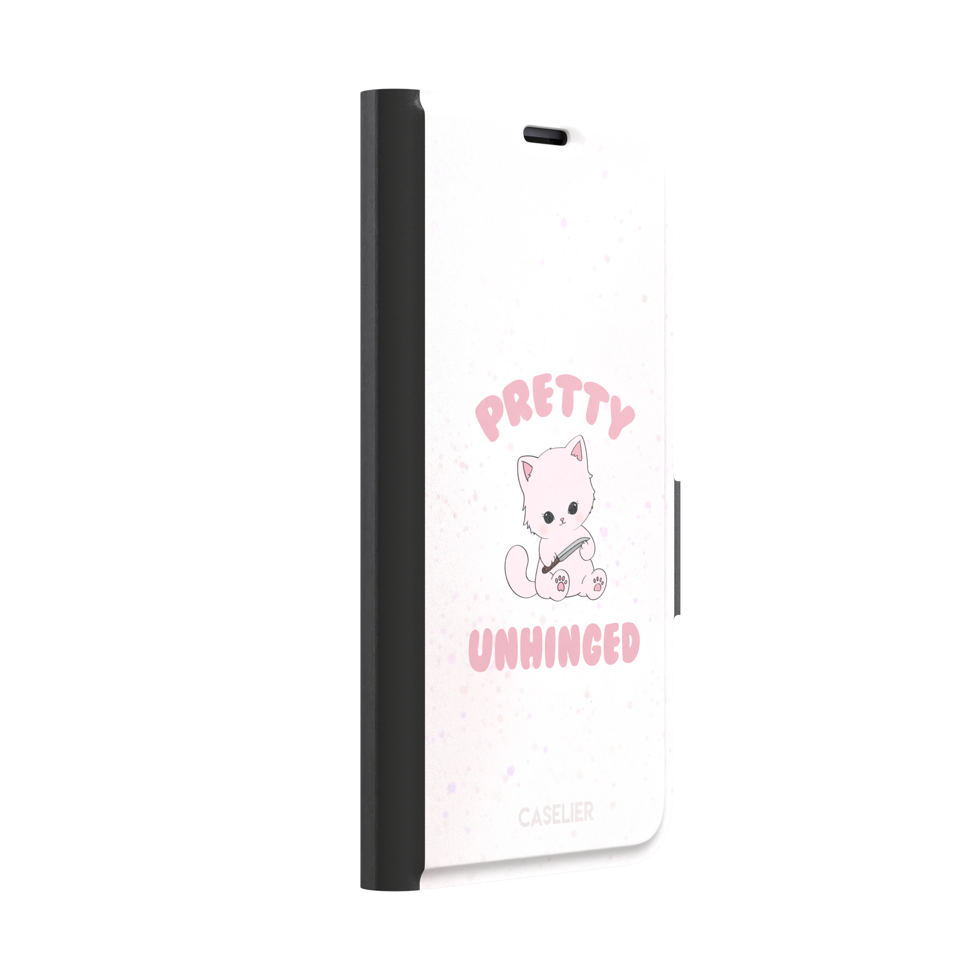 White variant of the Pretty Unhinged phone case showing the same pink kawaii kitten with knife and bold pink text on a soft speckled white background, phone case by Caselier — wallet case, left view