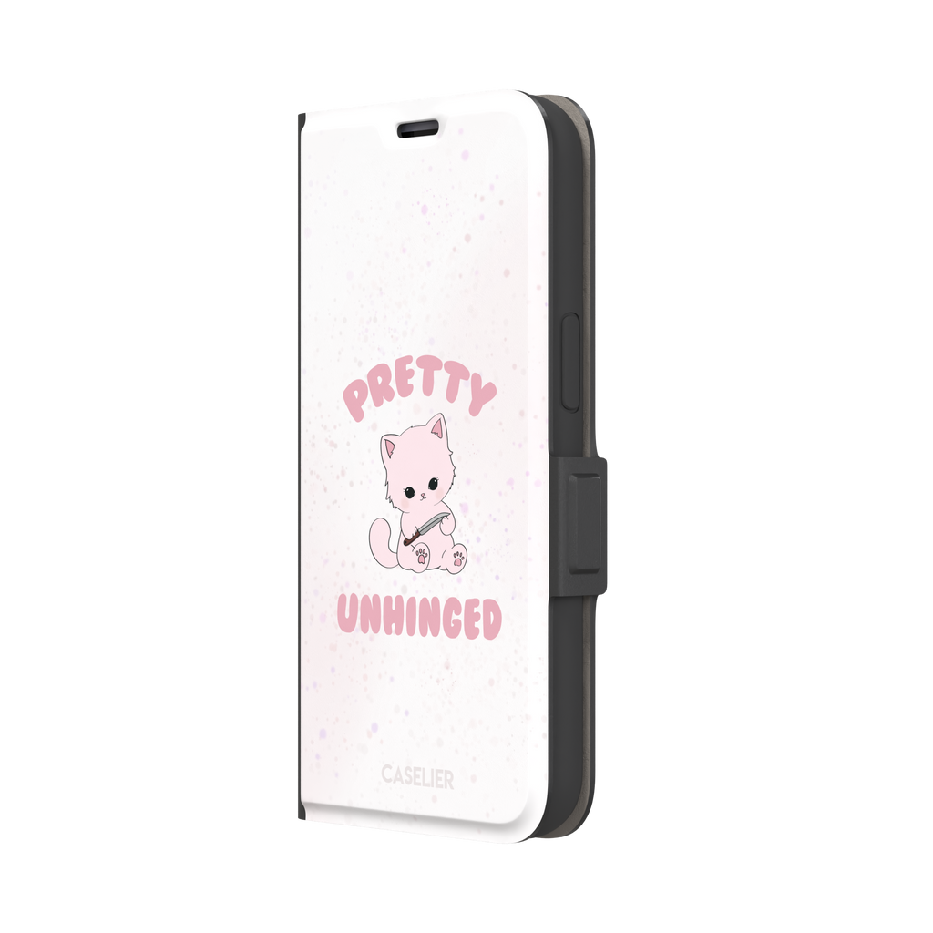 White variant of the Pretty Unhinged phone case showing the same pink kawaii kitten with knife and bold pink text on a soft speckled white background, phone case by Caselier — wallet case, right view