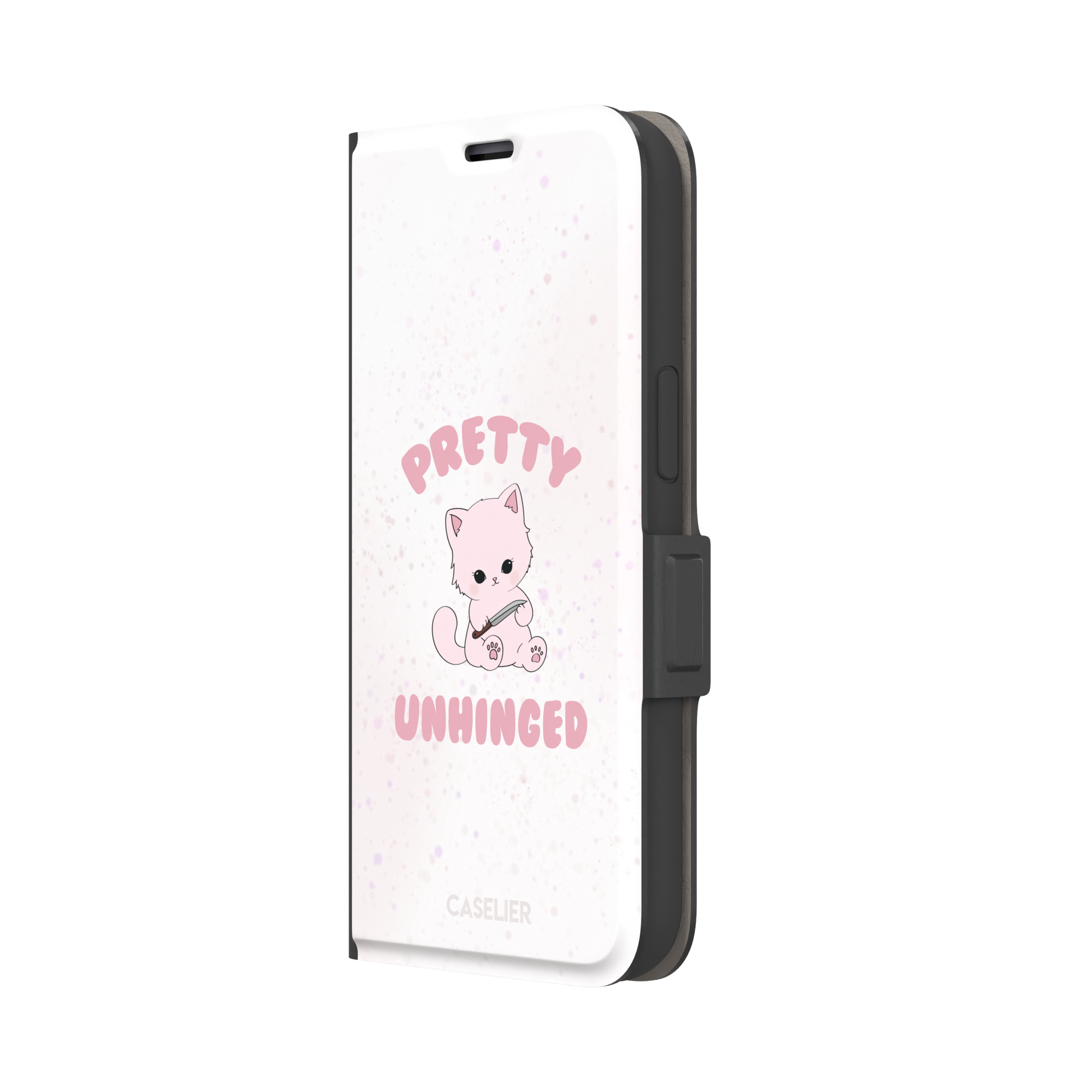White variant of the Pretty Unhinged phone case showing the same pink kawaii kitten with knife and bold pink text on a soft speckled white background, phone case by Caselier — wallet case, right view