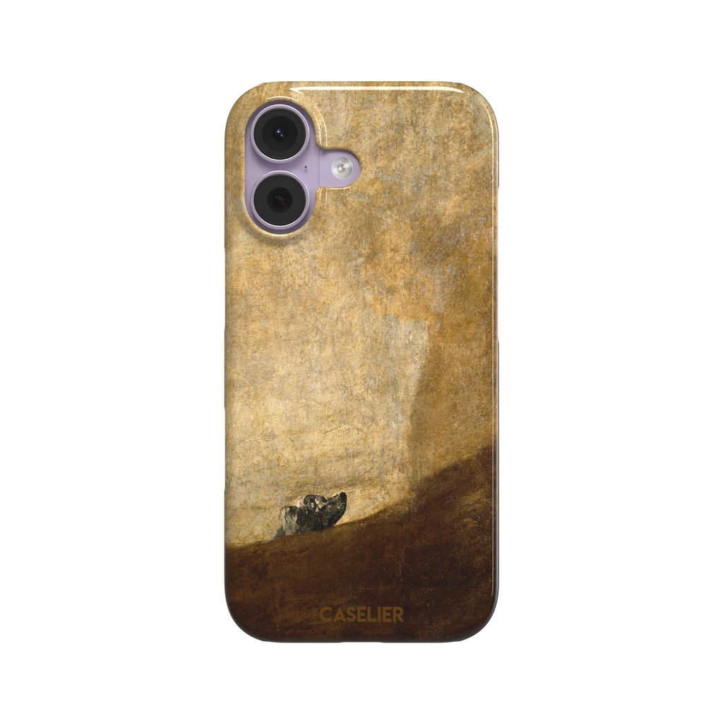 The Dog by Francisco de Goya phone case showing a lone dog emerging from a dark hillside against a vast golden ochre background, phone case by Caselier — snap case, front view
