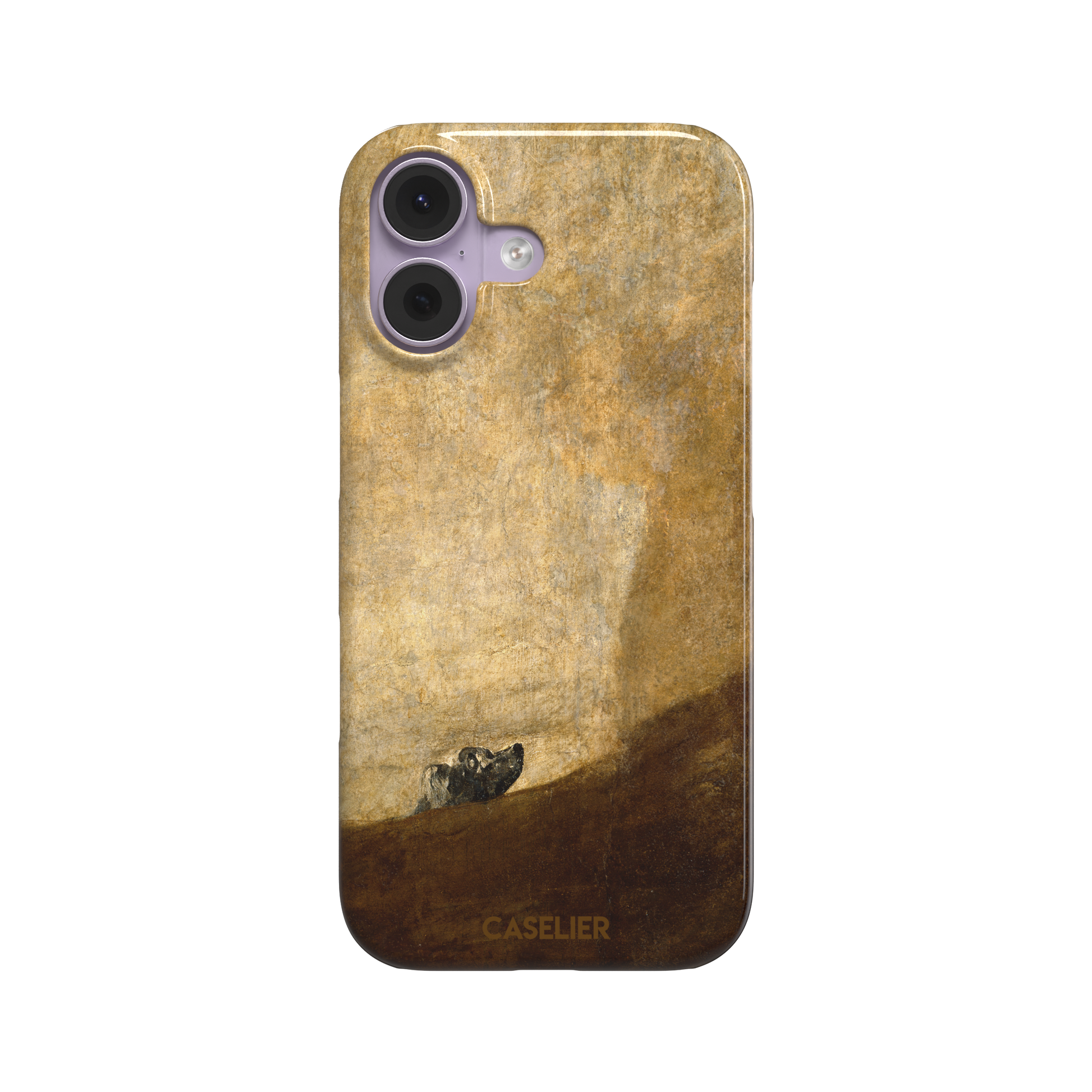 The Dog by Francisco de Goya phone case showing a lone dog emerging from a dark hillside against a vast golden ochre background, phone case by Caselier — snap case, front view
