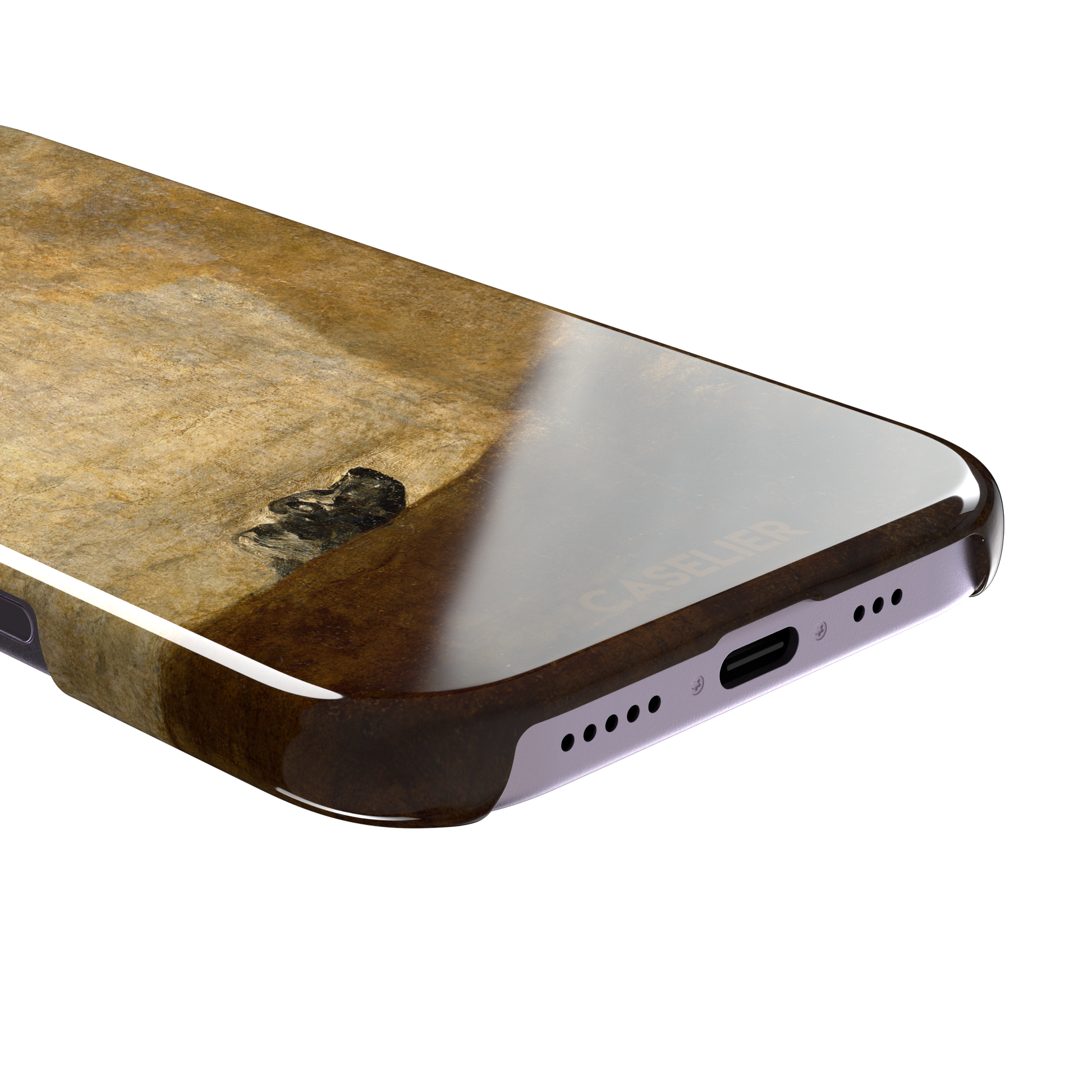 The Dog by Francisco de Goya phone case showing a lone dog emerging from a dark hillside against a vast golden ochre background, phone case by Caselier — snap case, charging port detail