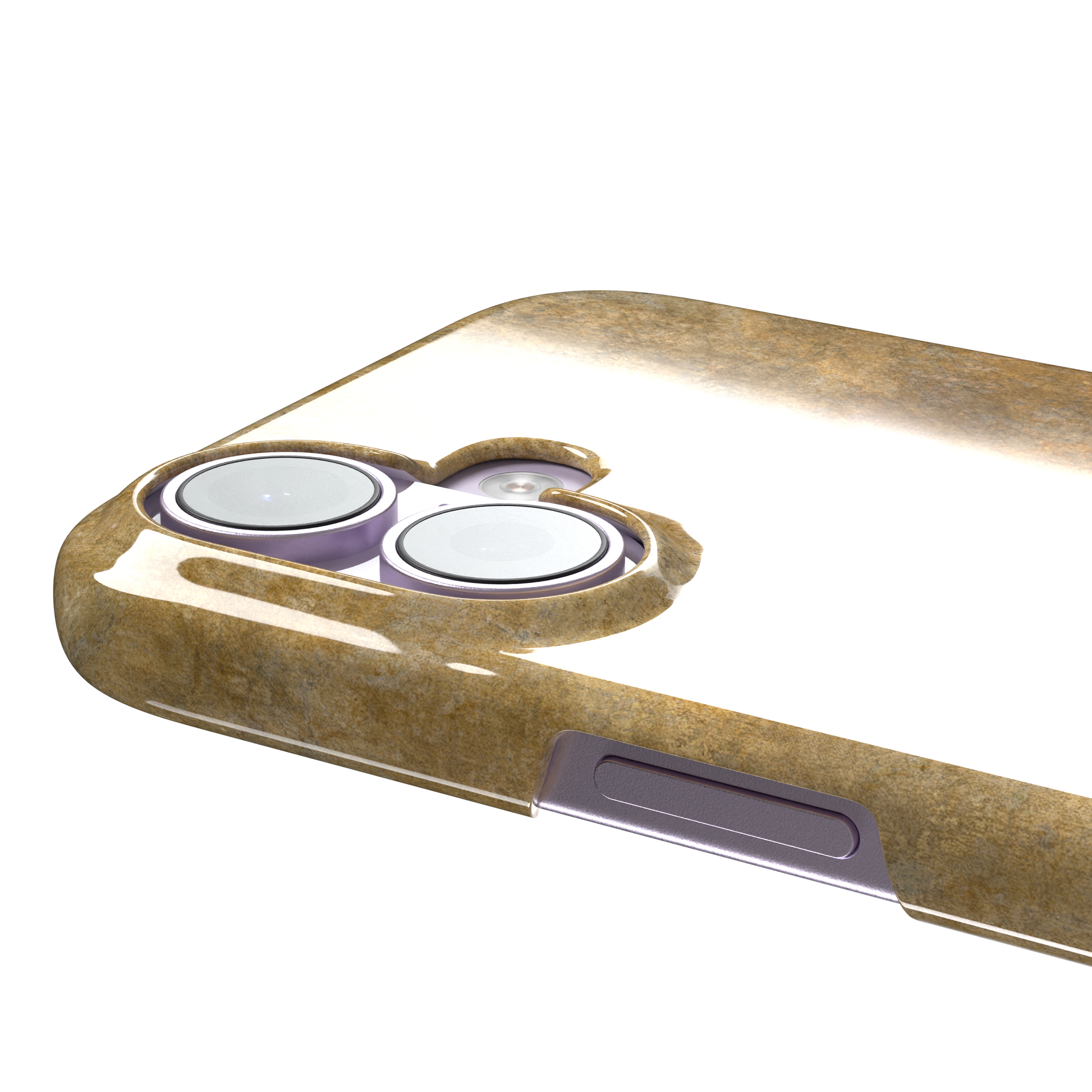 The Dog by Francisco de Goya phone case showing a lone dog emerging from a dark hillside against a vast golden ochre background, phone case by Caselier — snap case, volume buttons detail