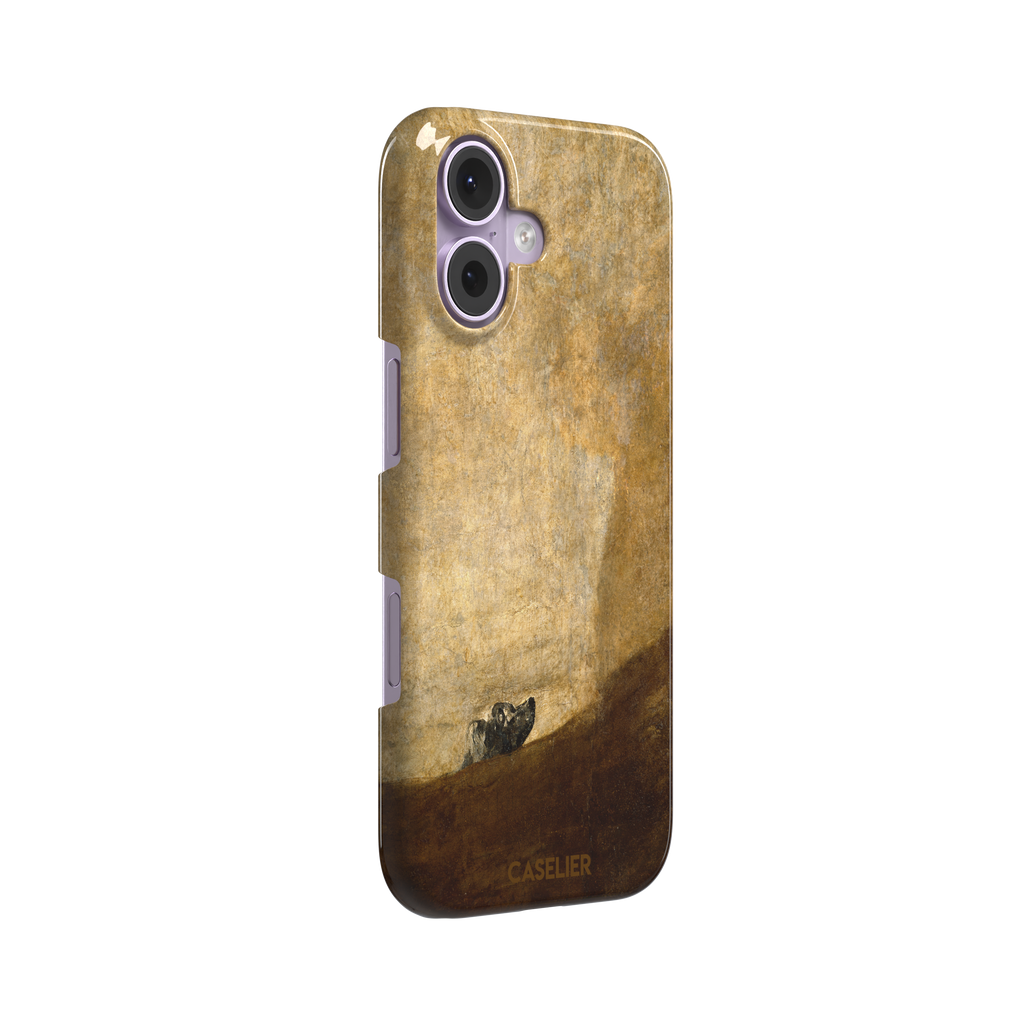 The Dog by Francisco de Goya phone case showing a lone dog emerging from a dark hillside against a vast golden ochre background, phone case by Caselier — snap case, left view