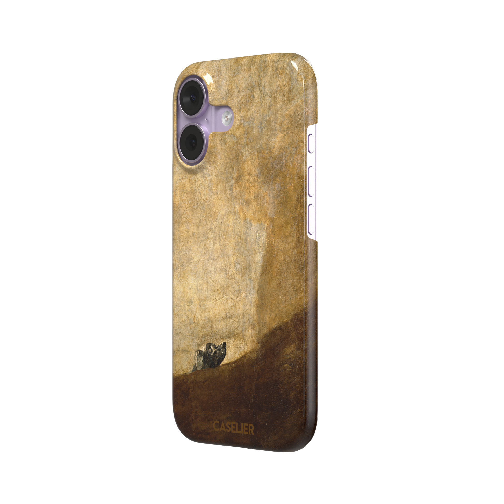 The Dog by Francisco de Goya phone case showing a lone dog emerging from a dark hillside against a vast golden ochre background, phone case by Caselier — snap case, right view