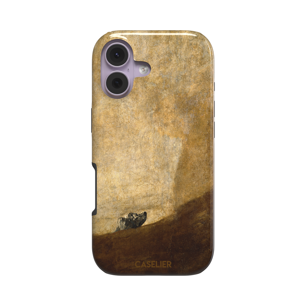 The Dog by Francisco de Goya phone case showing a lone dog emerging from a dark hillside against a vast golden ochre background, phone case by Caselier — tough case, front view