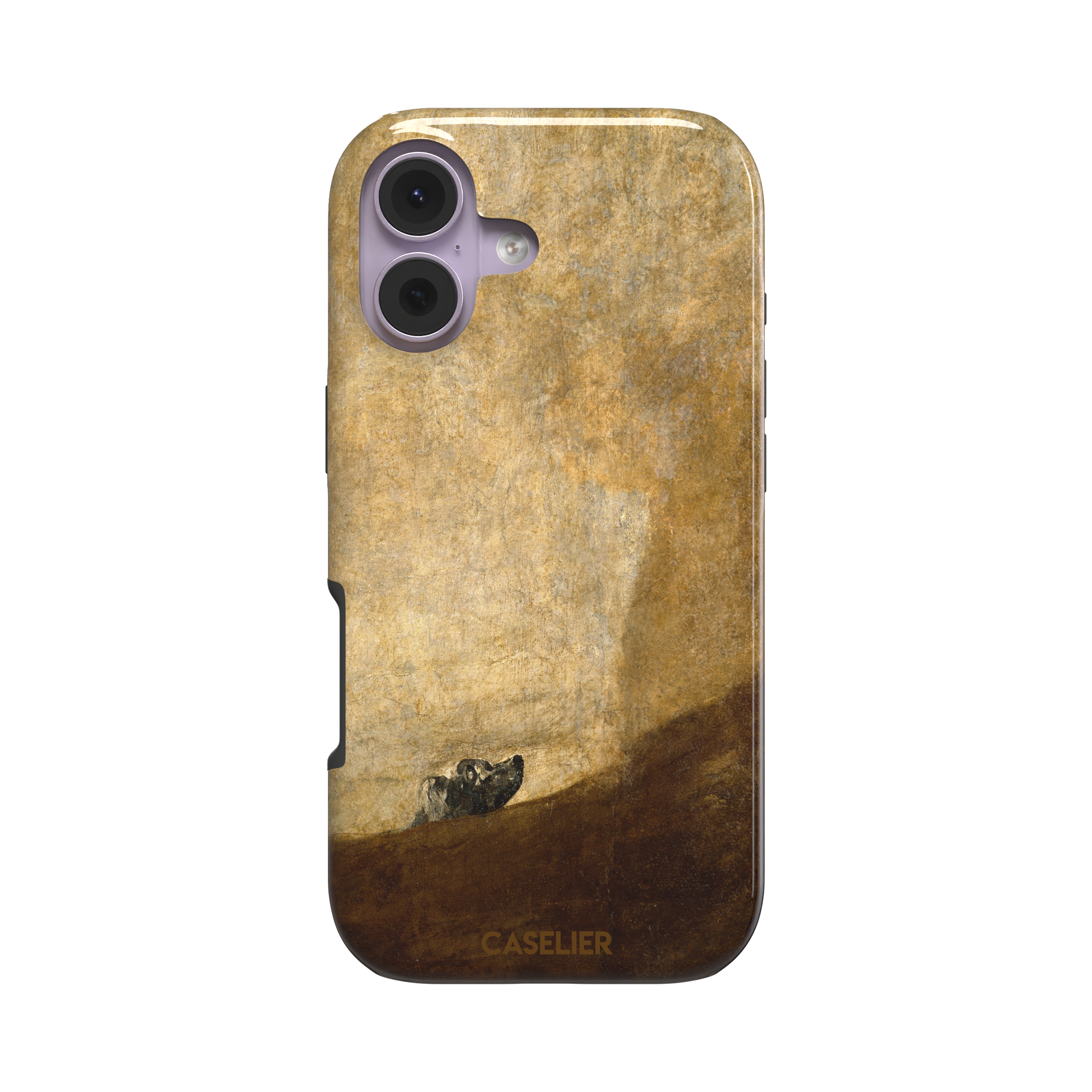 The Dog by Francisco de Goya phone case showing a lone dog emerging from a dark hillside against a vast golden ochre background, phone case by Caselier — tough case, front view