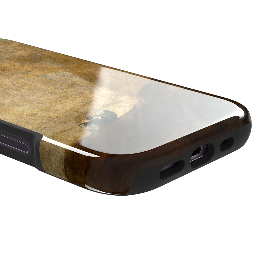 The Dog by Francisco de Goya phone case showing a lone dog emerging from a dark hillside against a vast golden ochre background, phone case by Caselier — tough case, charging port detail