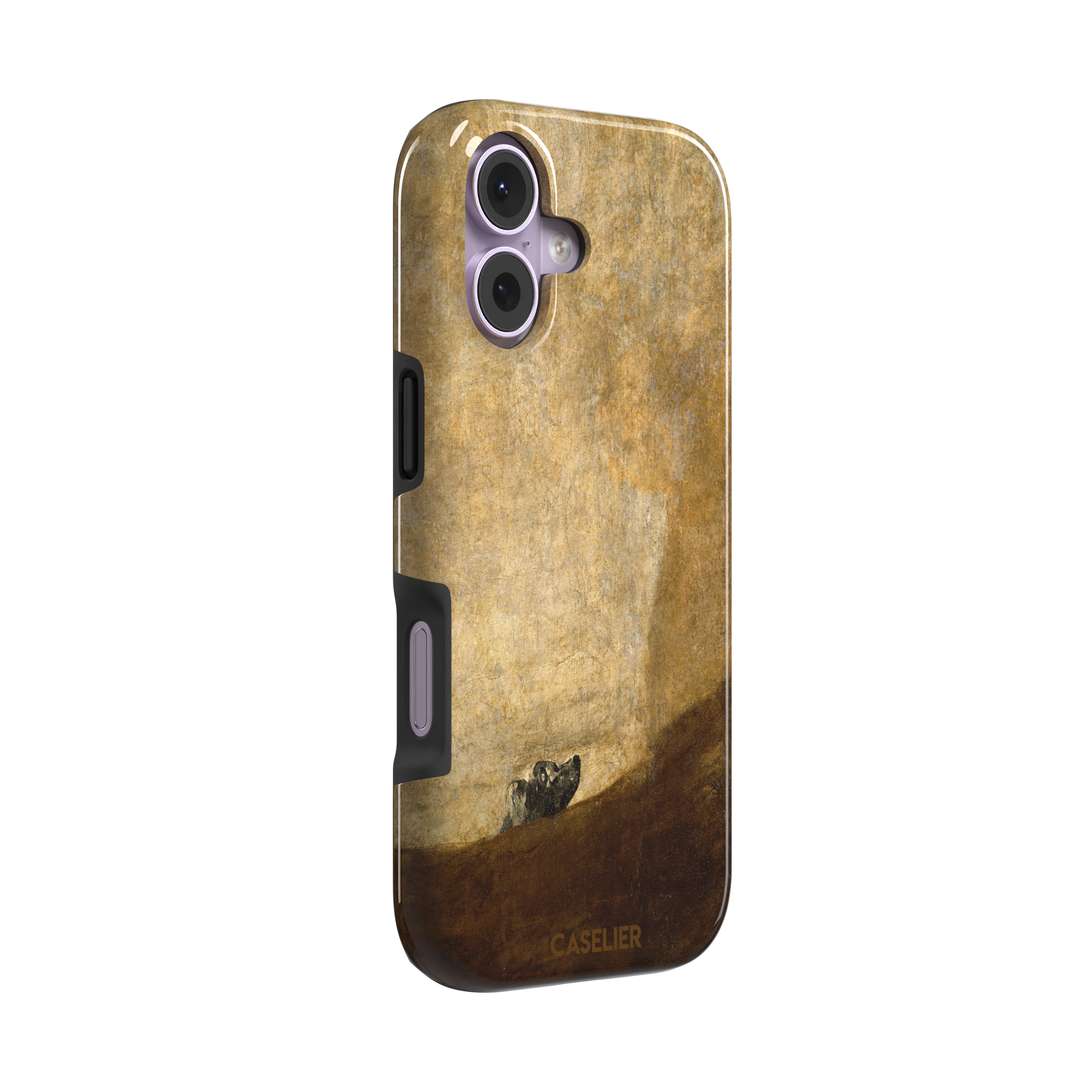 The Dog by Francisco de Goya phone case showing a lone dog emerging from a dark hillside against a vast golden ochre background, phone case by Caselier — tough case, left view