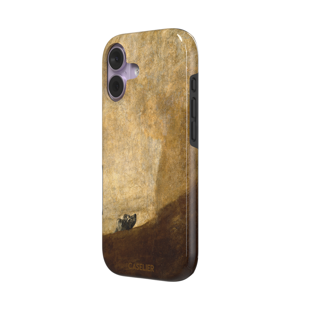 The Dog by Francisco de Goya phone case showing a lone dog emerging from a dark hillside against a vast golden ochre background, phone case by Caselier — tough case, right view