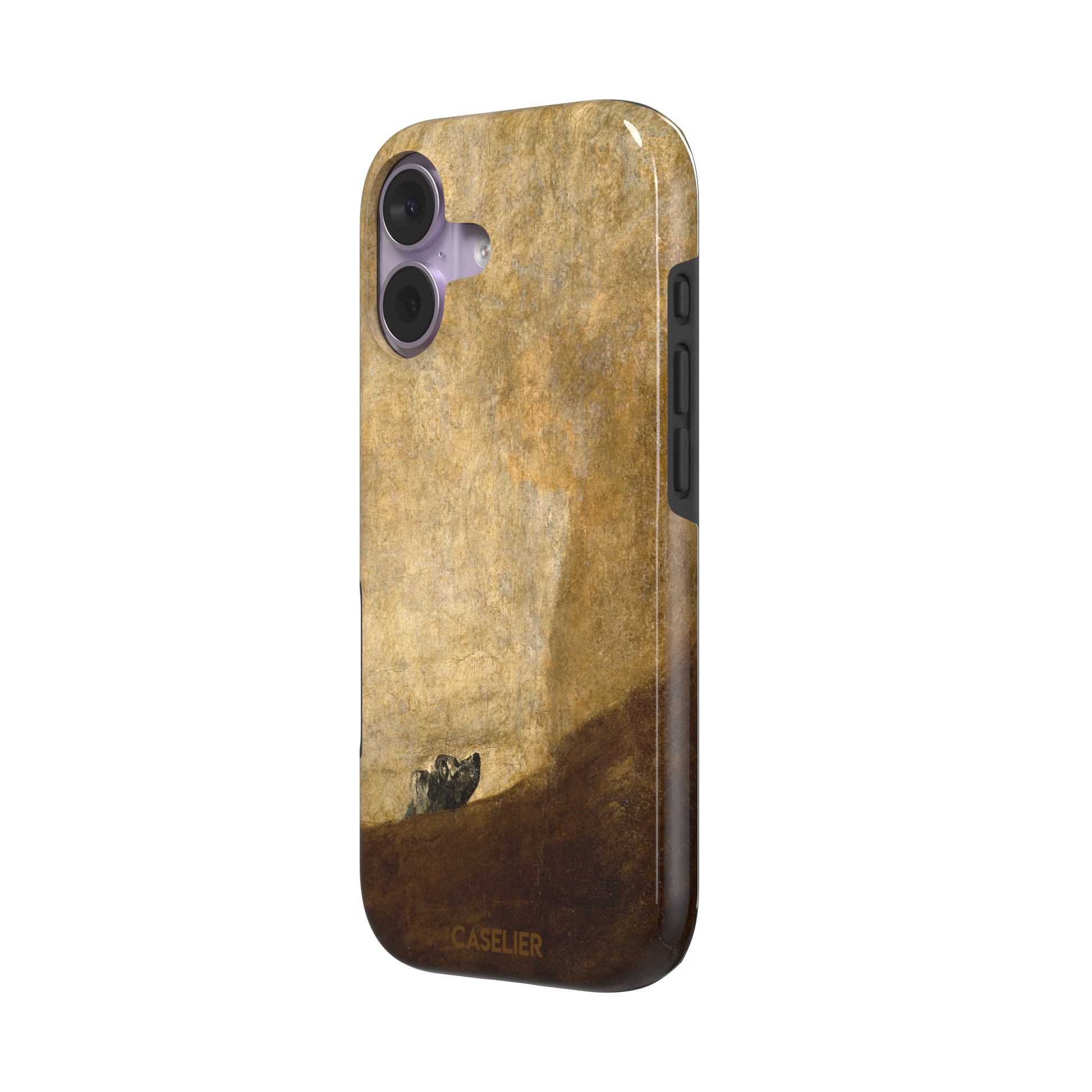 The Dog by Francisco de Goya phone case showing a lone dog emerging from a dark hillside against a vast golden ochre background, phone case by Caselier — tough case, right view
