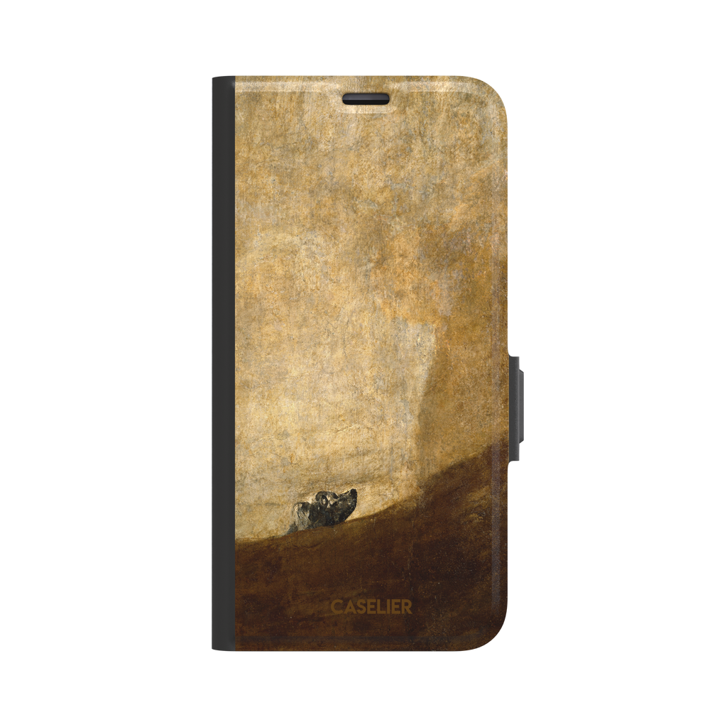The Dog by Francisco de Goya phone case showing a lone dog emerging from a dark hillside against a vast golden ochre background, phone case by Caselier — wallet case, front view