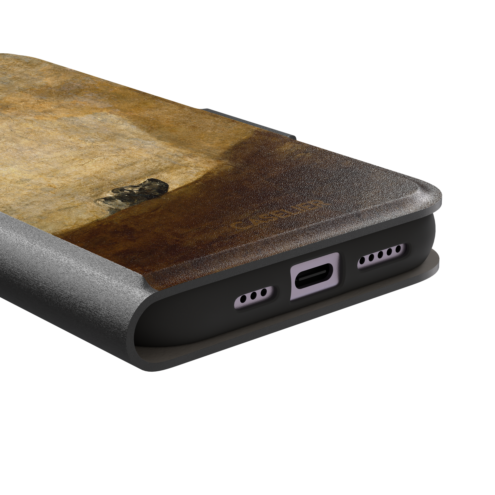 The Dog by Francisco de Goya phone case showing a lone dog emerging from a dark hillside against a vast golden ochre background, phone case by Caselier — wallet case, charging port detail