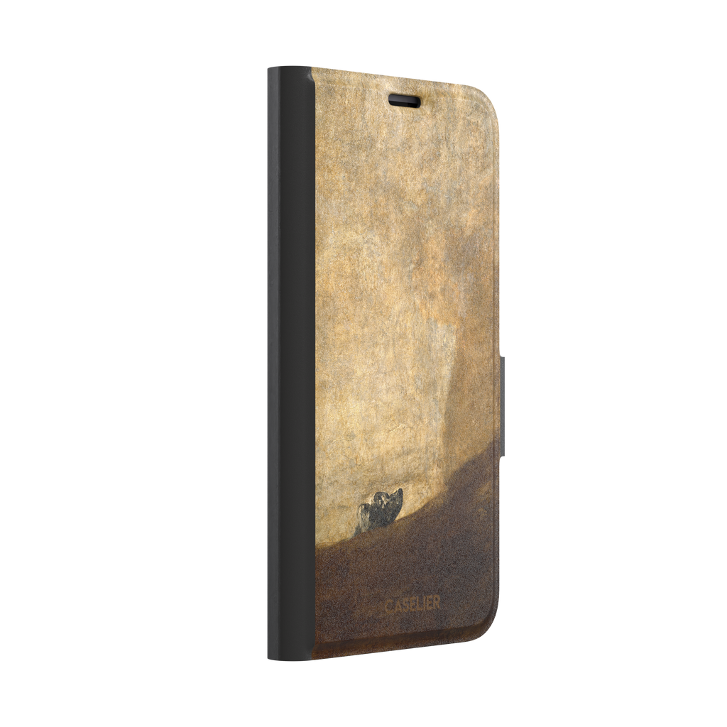 The Dog by Francisco de Goya phone case showing a lone dog emerging from a dark hillside against a vast golden ochre background, phone case by Caselier — wallet case, left view