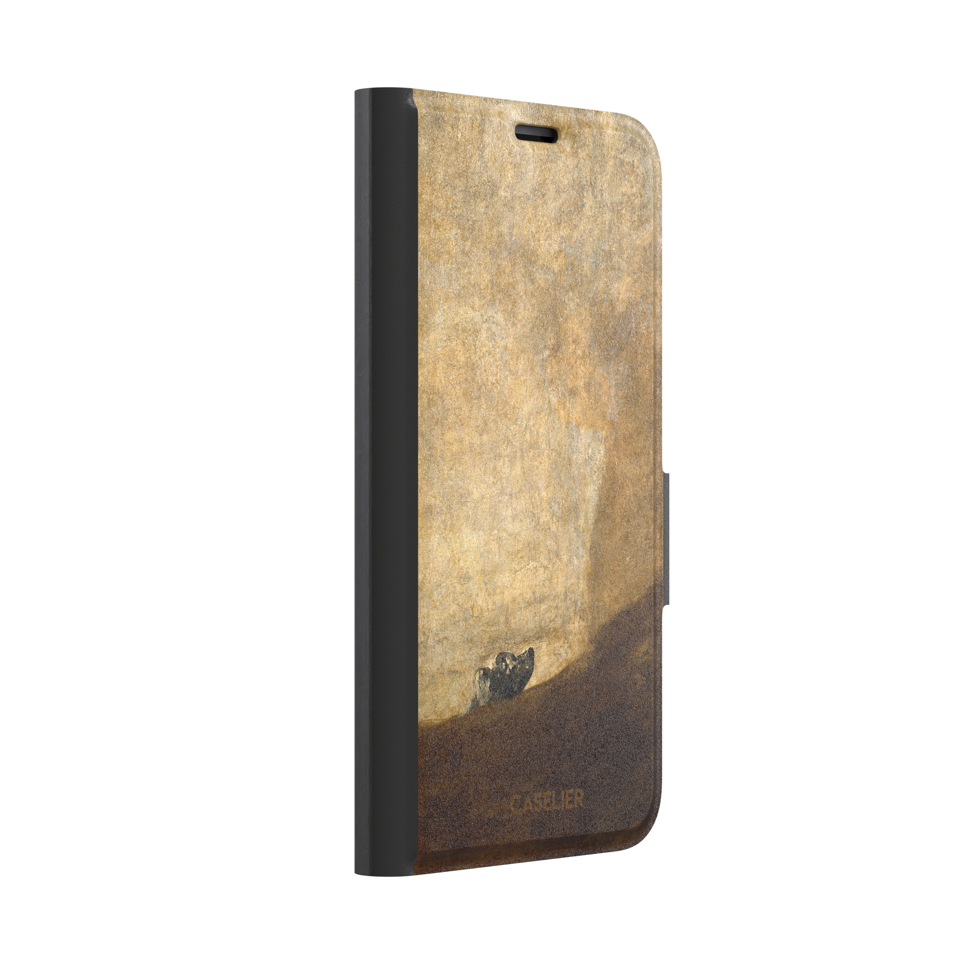 The Dog by Francisco de Goya phone case showing a lone dog emerging from a dark hillside against a vast golden ochre background, phone case by Caselier — wallet case, left view