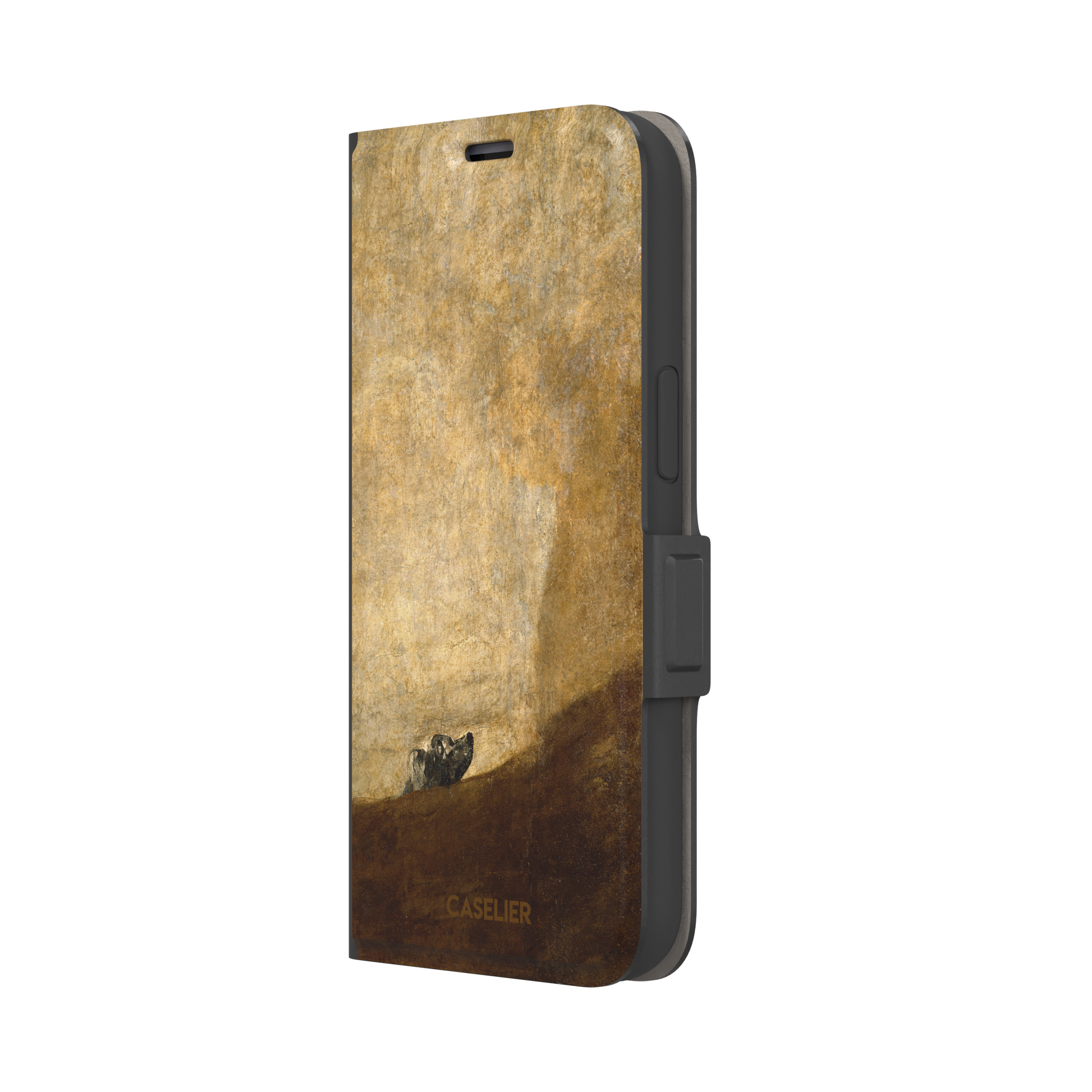 The Dog by Francisco de Goya phone case showing a lone dog emerging from a dark hillside against a vast golden ochre background, phone case by Caselier — wallet case, right view
