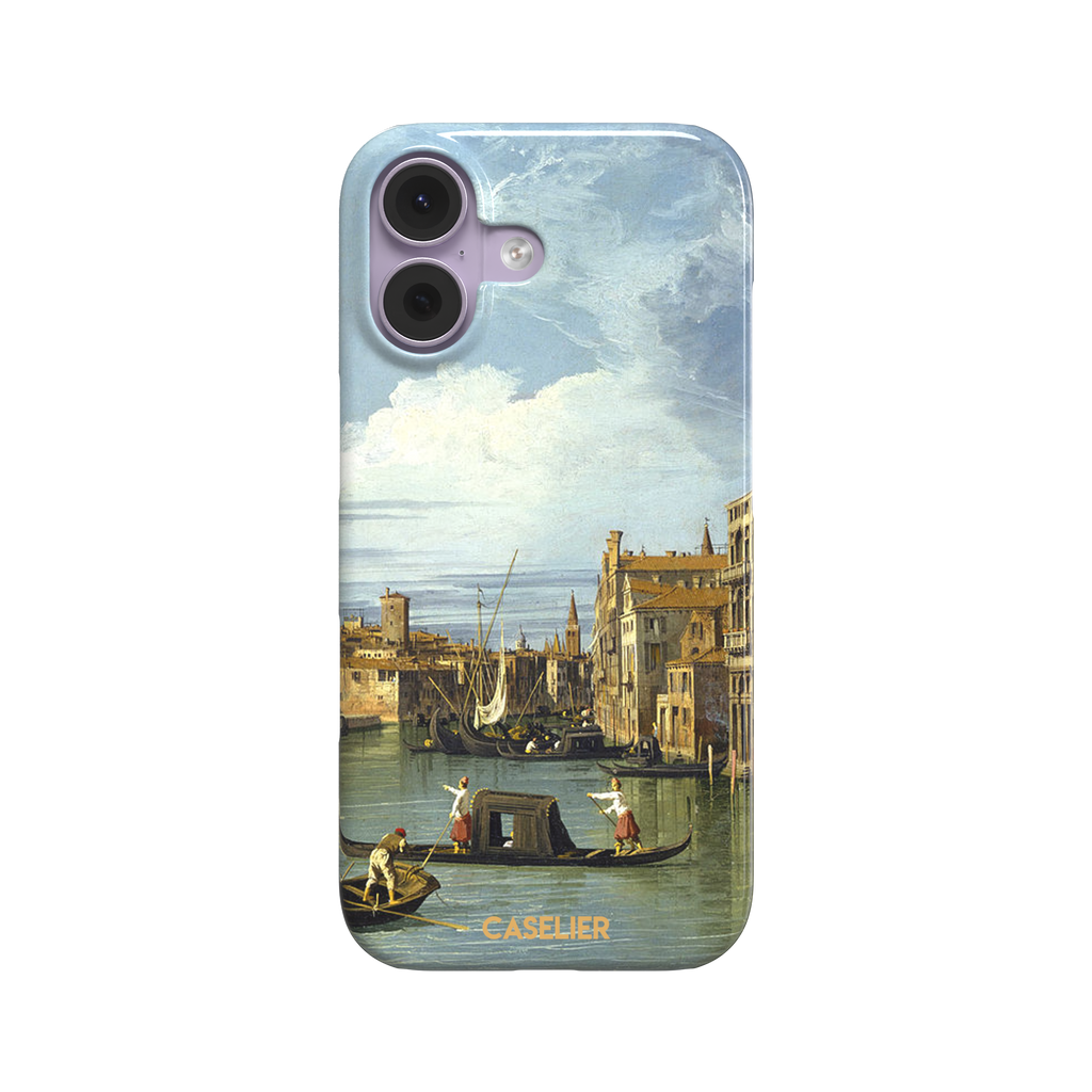 Canaletto's The Entrance to the Grand Canal Venice painting, featuring gondoliers on pale green water, terracotta-roofed palazzos and a billowing cloudy sky — snap case, front view