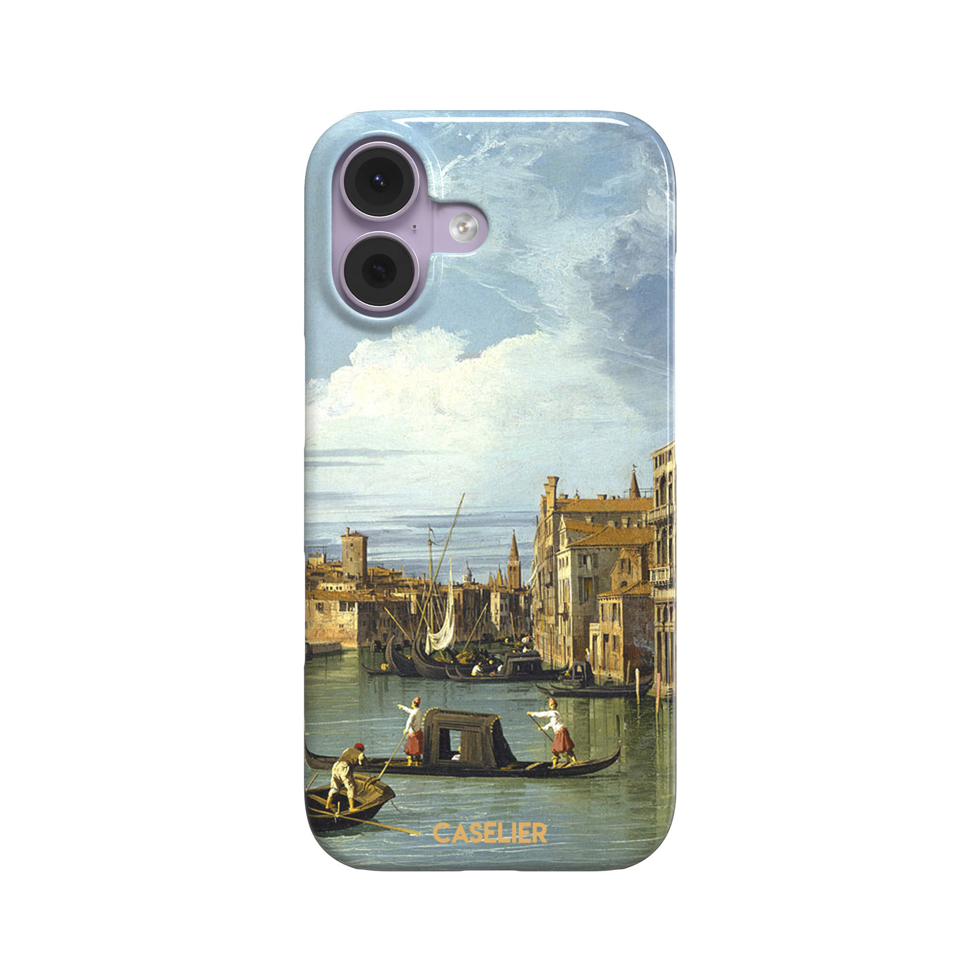 Canaletto's The Entrance to the Grand Canal Venice painting, featuring gondoliers on pale green water, terracotta-roofed palazzos and a billowing cloudy sky — snap case, front view