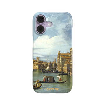 Canaletto's The Entrance to the Grand Canal Venice painting, featuring gondoliers on pale green water, terracotta-roofed palazzos and a billowing cloudy sky — snap case, front view