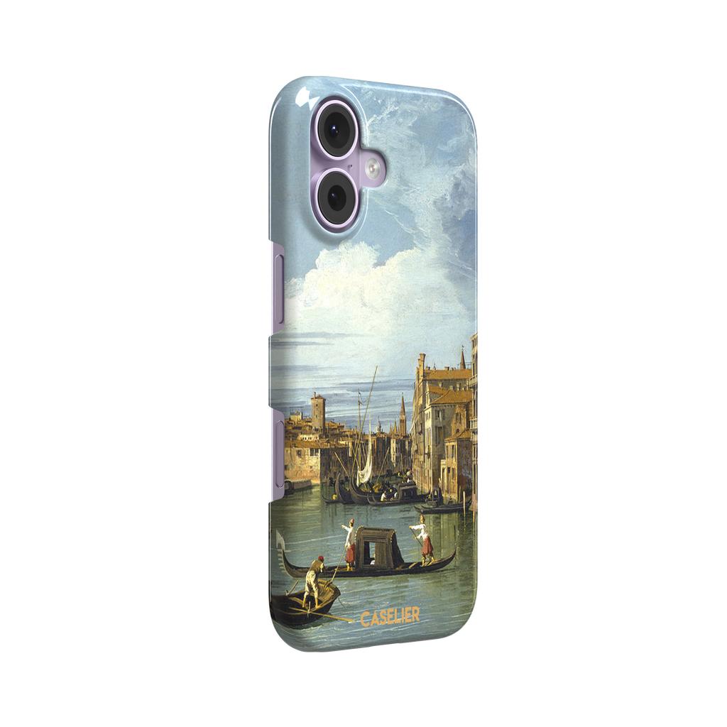 Canaletto's The Entrance to the Grand Canal Venice painting, featuring gondoliers on pale green water, terracotta-roofed palazzos and a billowing cloudy sky — snap case, left view