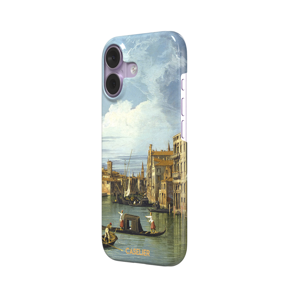 Canaletto's The Entrance to the Grand Canal Venice painting, featuring gondoliers on pale green water, terracotta-roofed palazzos and a billowing cloudy sky — snap case, right view