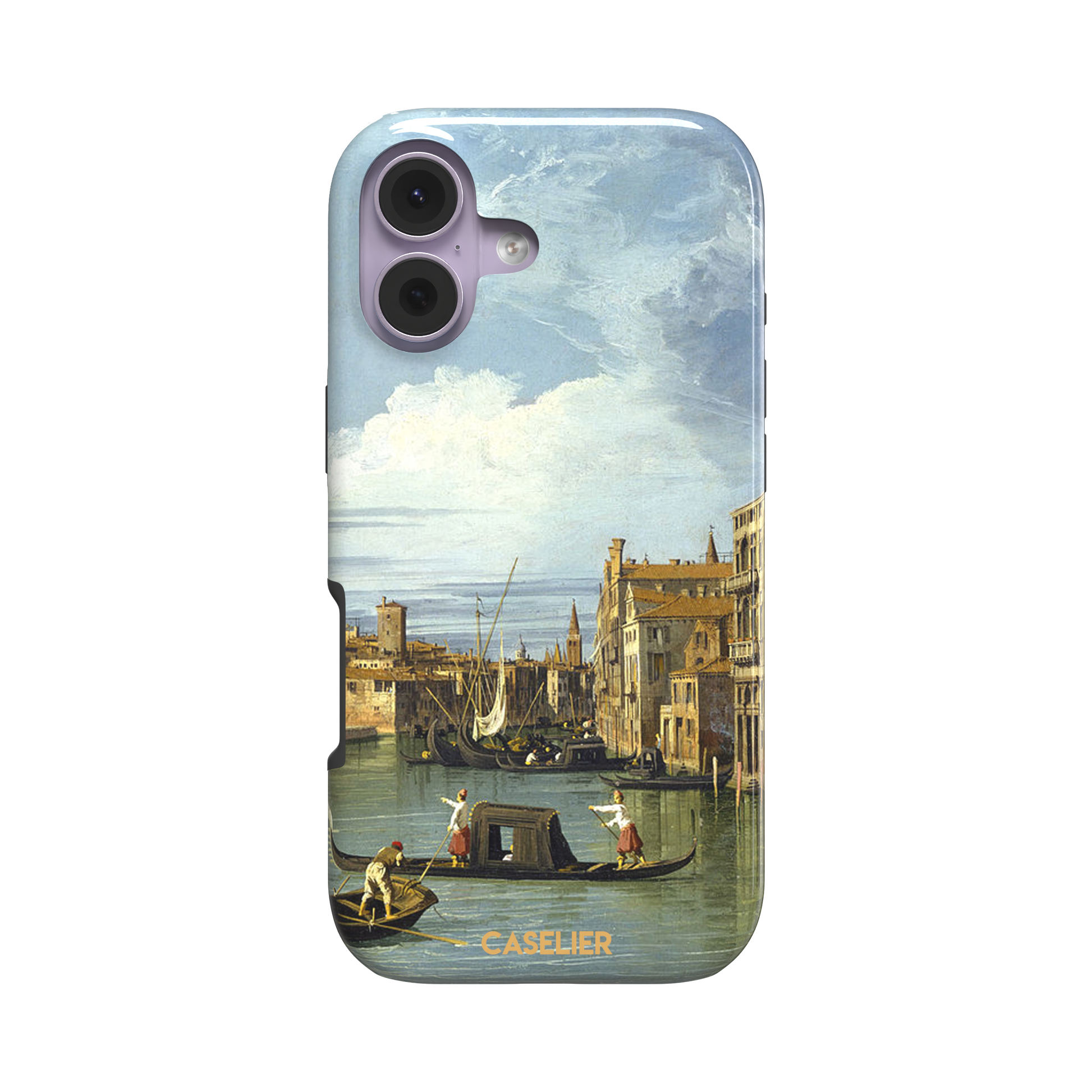 Canaletto's The Entrance to the Grand Canal Venice painting, featuring gondoliers on pale green water, terracotta-roofed palazzos and a billowing cloudy sky — tough case, front view