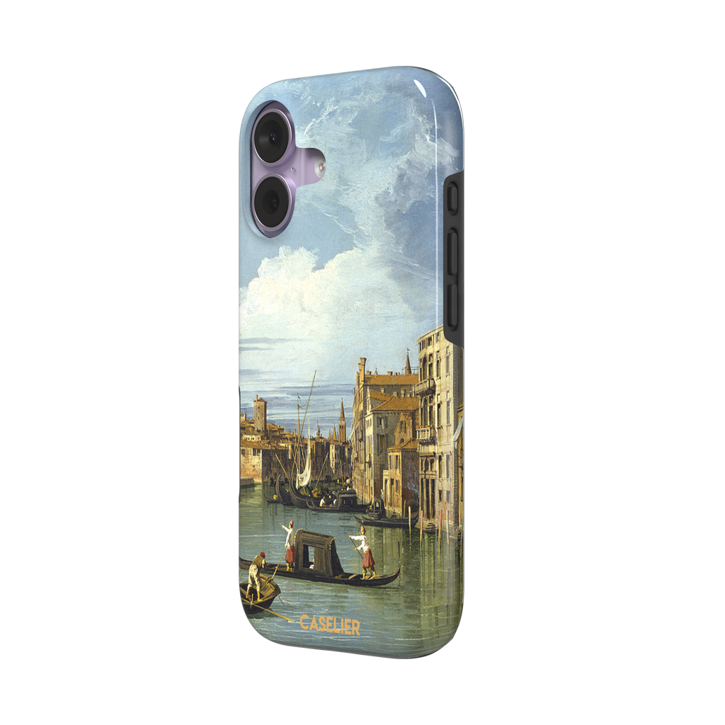 Canaletto's The Entrance to the Grand Canal Venice painting, featuring gondoliers on pale green water, terracotta-roofed palazzos and a billowing cloudy sky — tough case, right view