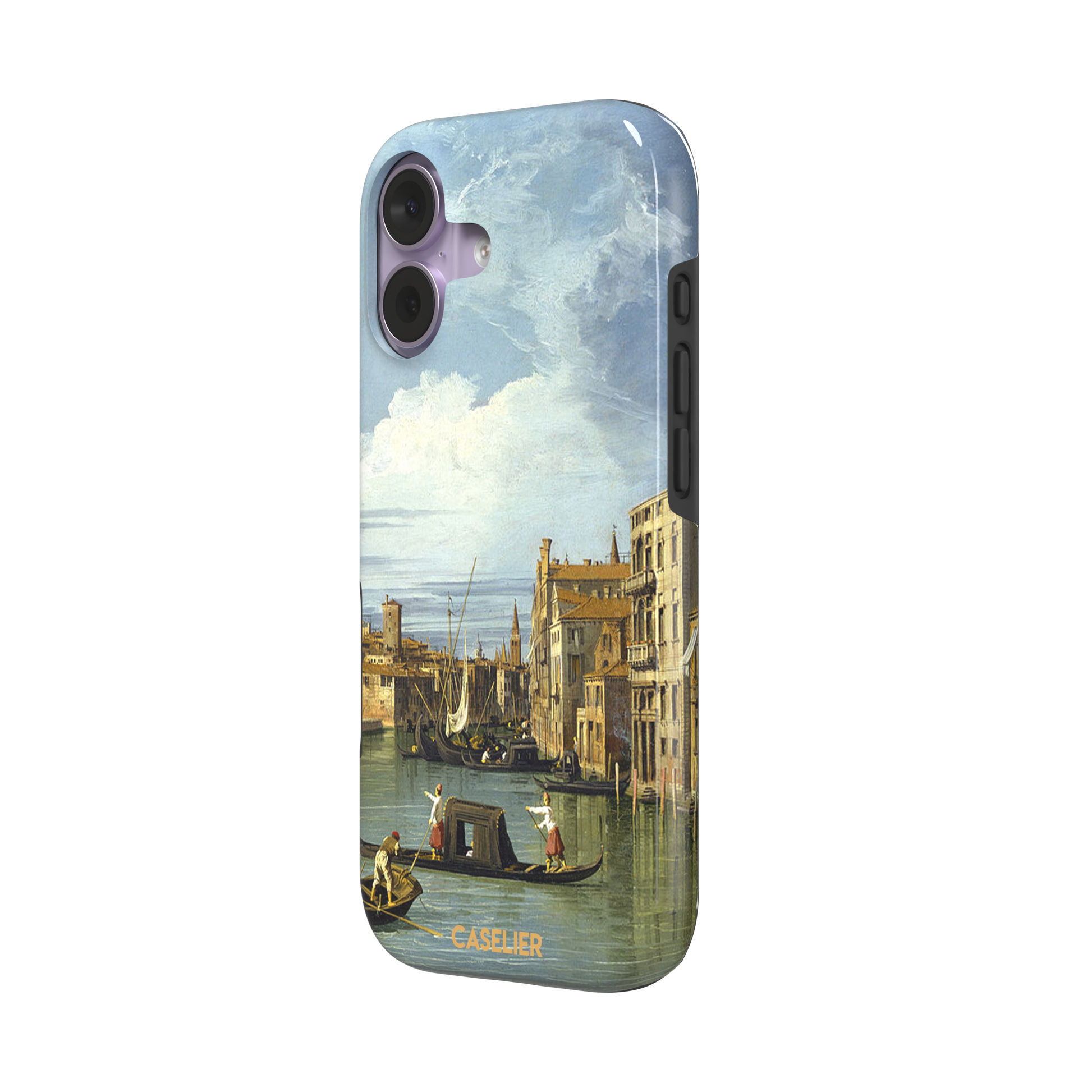 Canaletto's The Entrance to the Grand Canal Venice painting, featuring gondoliers on pale green water, terracotta-roofed palazzos and a billowing cloudy sky — tough case, right view