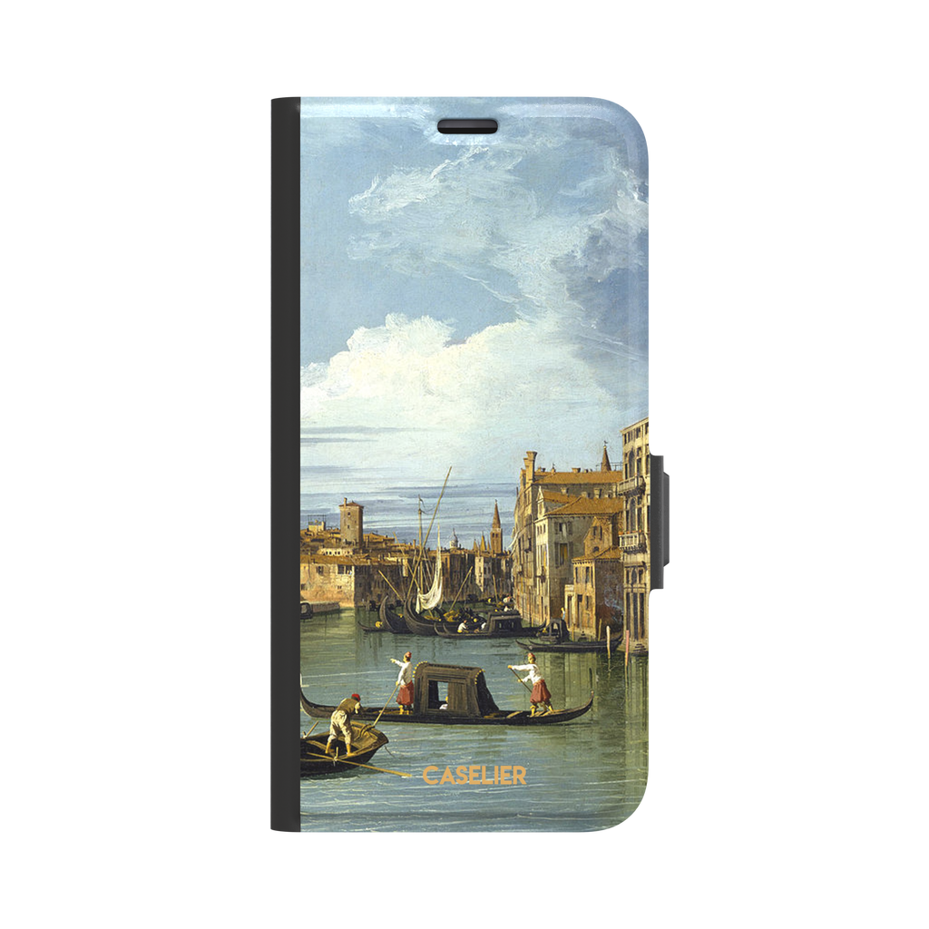 Canaletto's The Entrance to the Grand Canal Venice painting, featuring gondoliers on pale green water, terracotta-roofed palazzos and a billowing cloudy sky — wallet case, front view