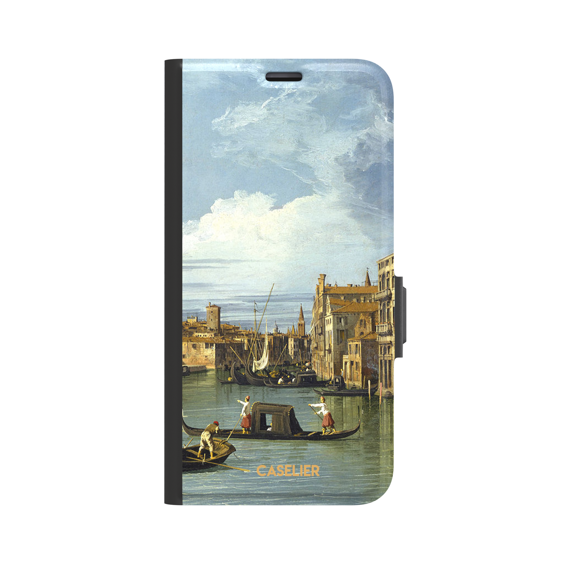 Canaletto's The Entrance to the Grand Canal Venice painting, featuring gondoliers on pale green water, terracotta-roofed palazzos and a billowing cloudy sky — wallet case, front view