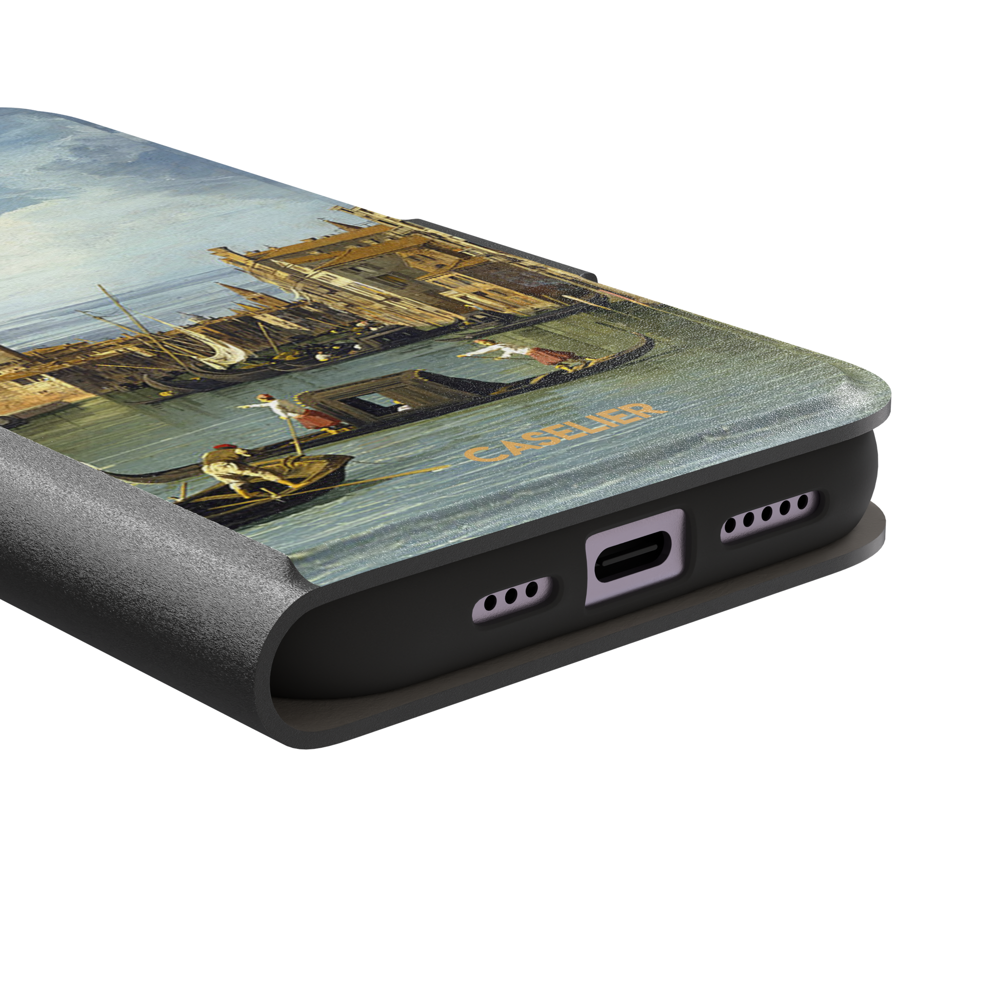 Canaletto's The Entrance to the Grand Canal Venice painting, featuring gondoliers on pale green water, terracotta-roofed palazzos and a billowing cloudy sky — wallet case, charging port detail