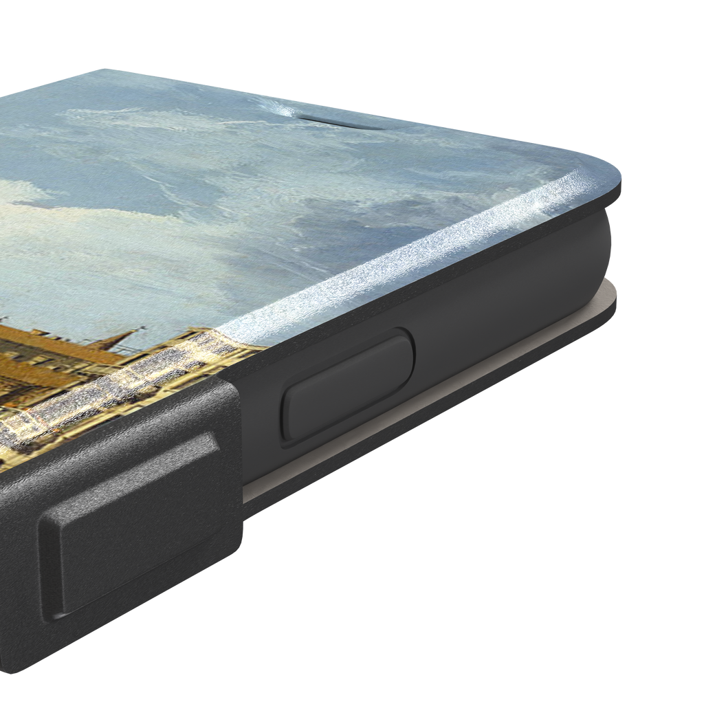 Canaletto's The Entrance to the Grand Canal Venice painting, featuring gondoliers on pale green water, terracotta-roofed palazzos and a billowing cloudy sky — wallet case, volume buttons detail