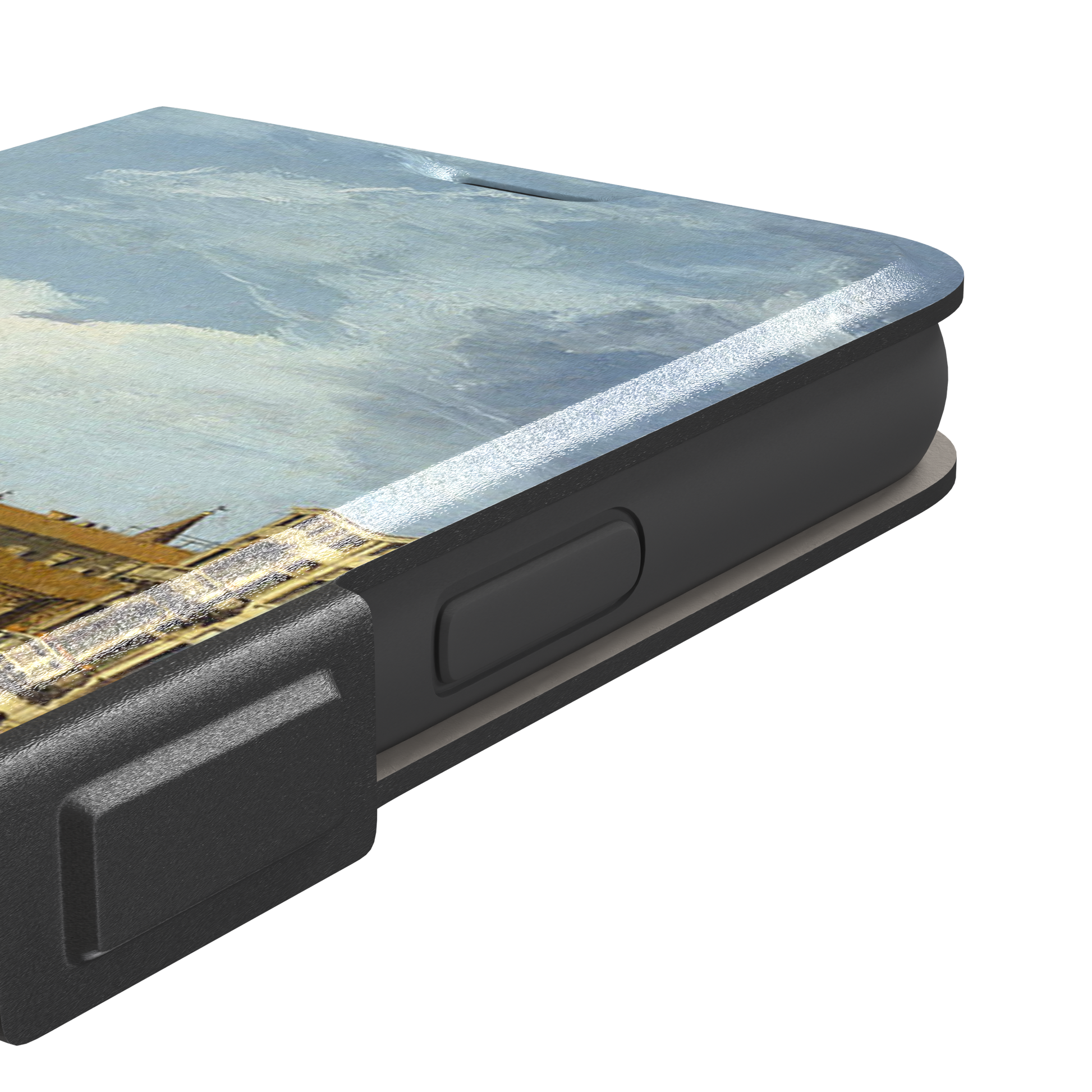 Canaletto's The Entrance to the Grand Canal Venice painting, featuring gondoliers on pale green water, terracotta-roofed palazzos and a billowing cloudy sky — wallet case, volume buttons detail