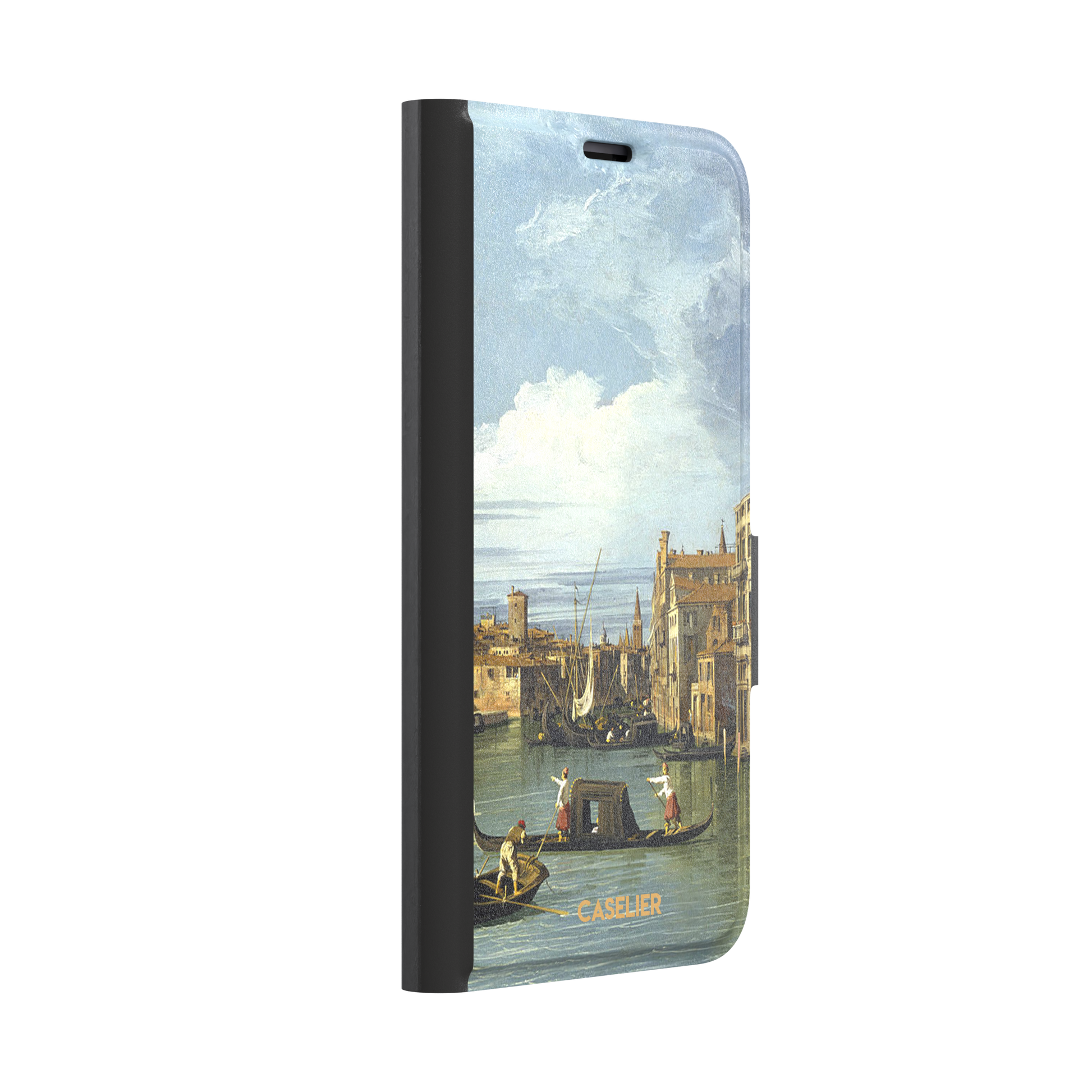 Canaletto's The Entrance to the Grand Canal Venice painting, featuring gondoliers on pale green water, terracotta-roofed palazzos and a billowing cloudy sky — wallet case, left view
