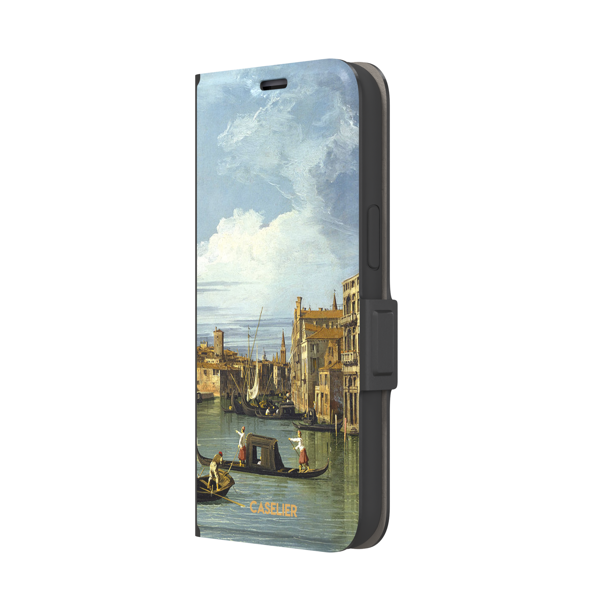 Canaletto's The Entrance to the Grand Canal Venice painting, featuring gondoliers on pale green water, terracotta-roofed palazzos and a billowing cloudy sky — wallet case, right view