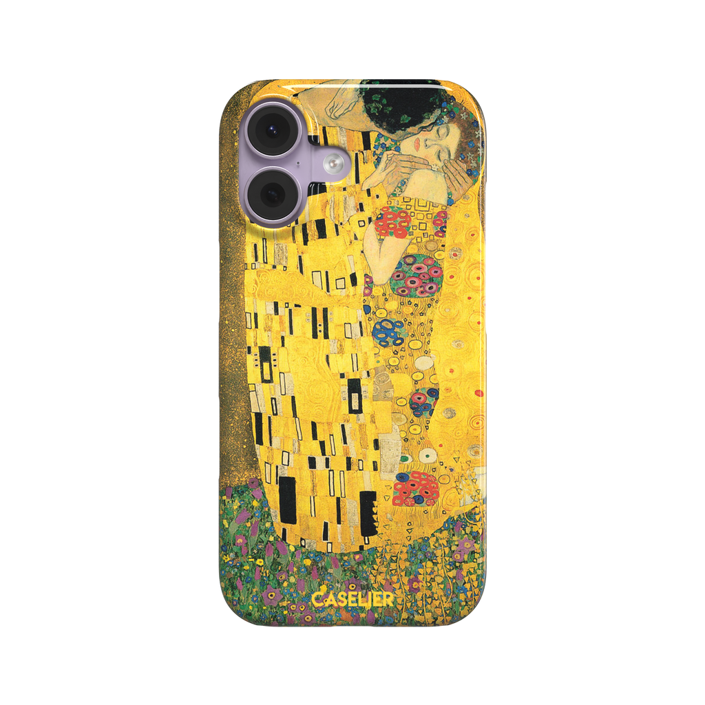 The Kiss by Gustav Klimt, showing the golden-robed embracing couple with floral and geometric Art Nouveau detail, phone case by Caselier — snap case, front view