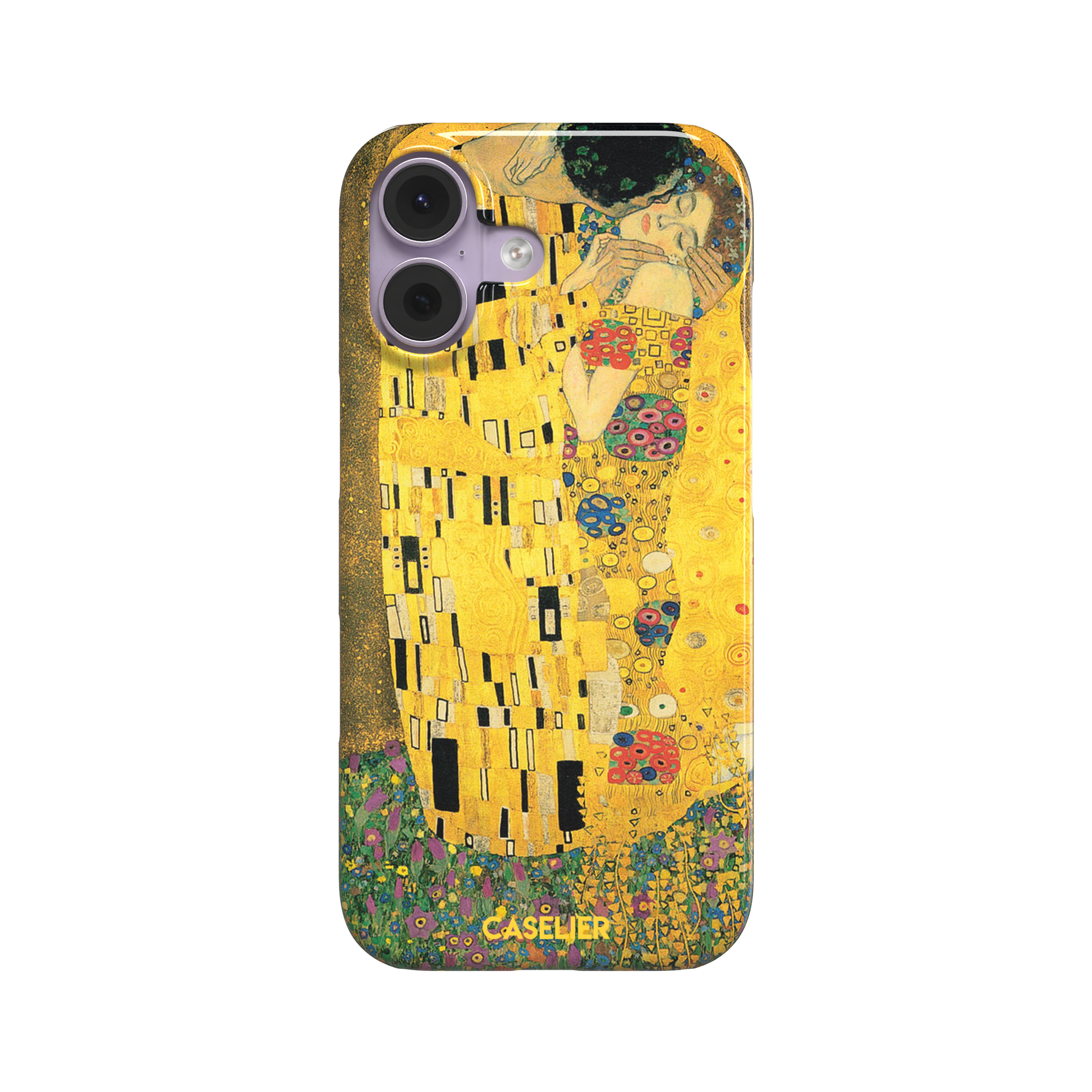 The Kiss by Gustav Klimt, showing the golden-robed embracing couple with floral and geometric Art Nouveau detail, phone case by Caselier — snap case, front view