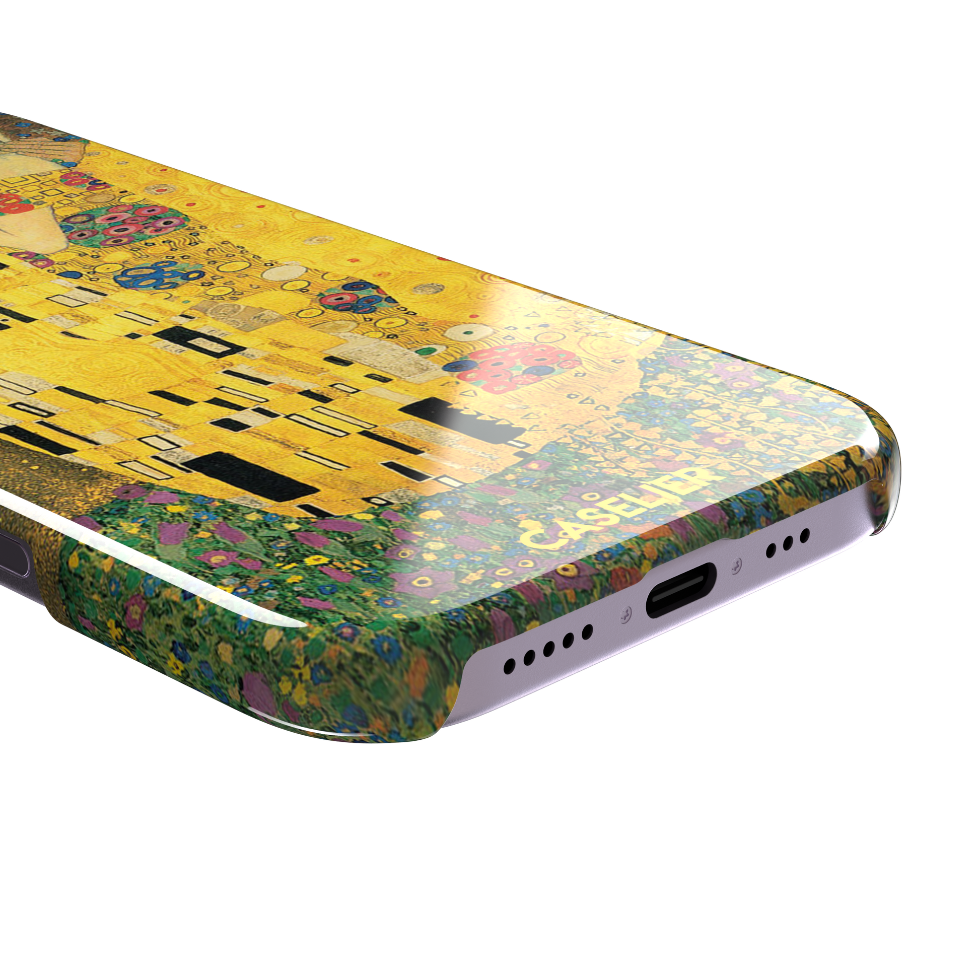 The Kiss by Gustav Klimt, showing the golden-robed embracing couple with floral and geometric Art Nouveau detail, phone case by Caselier — snap case, charging port detail