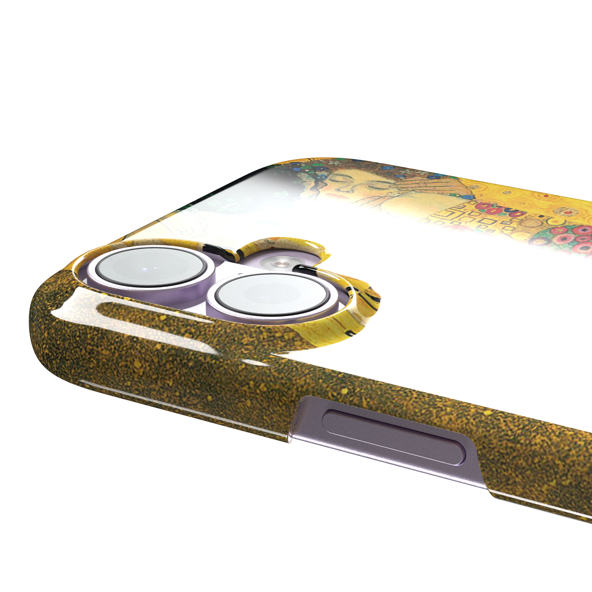 The Kiss by Gustav Klimt, showing the golden-robed embracing couple with floral and geometric Art Nouveau detail, phone case by Caselier — snap case, volume buttons detail