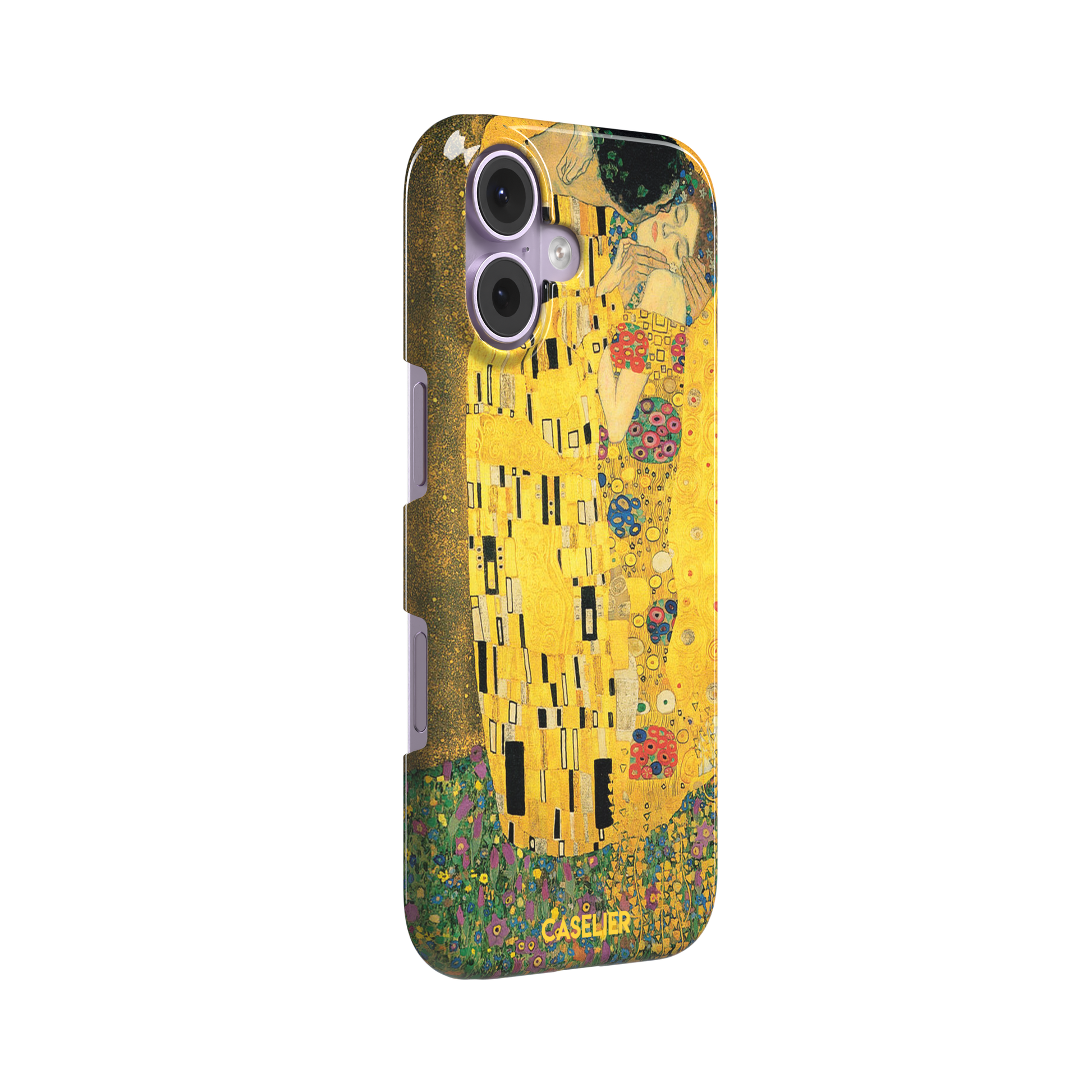 The Kiss by Gustav Klimt, showing the golden-robed embracing couple with floral and geometric Art Nouveau detail, phone case by Caselier — snap case, left view